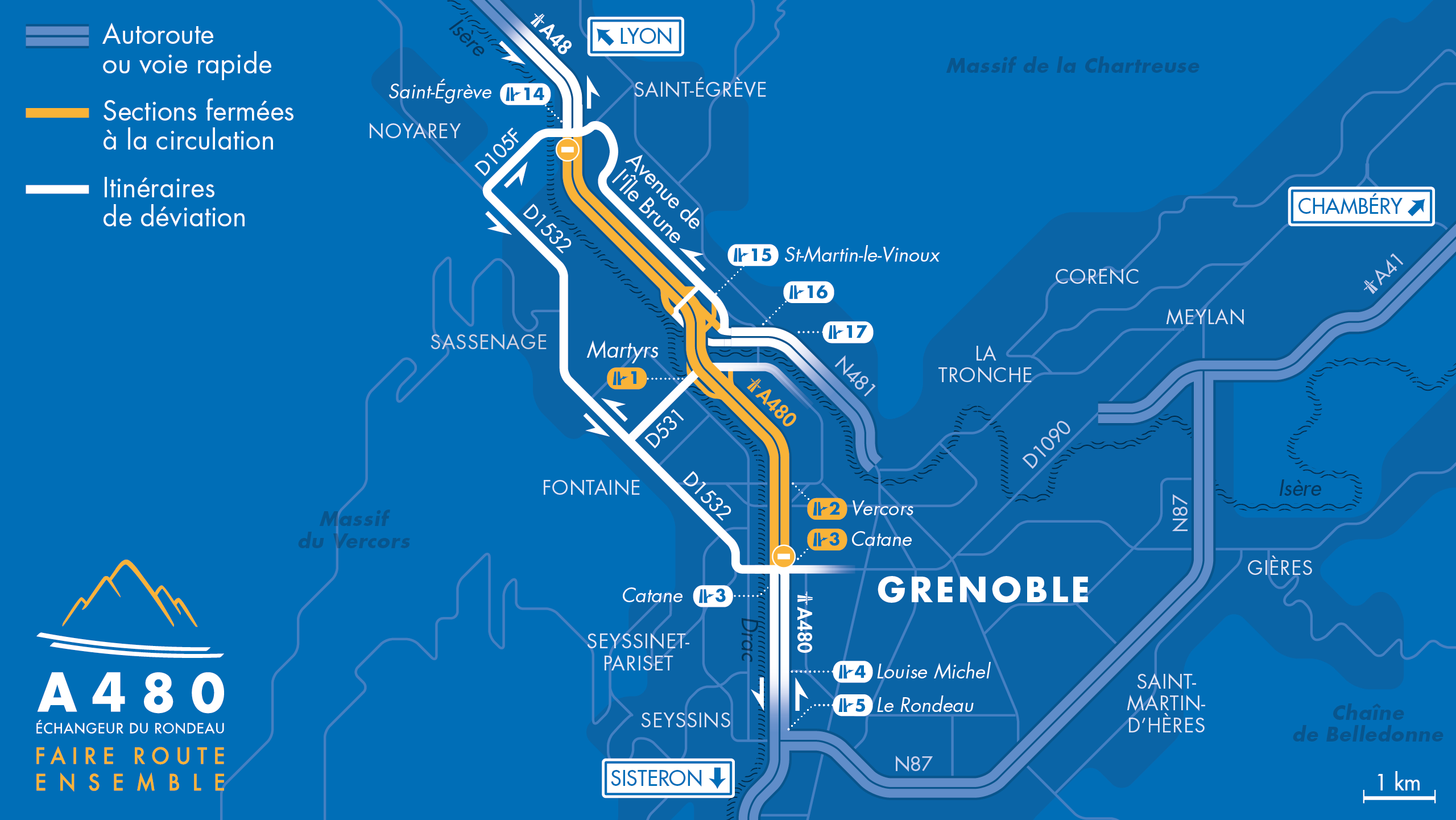 Carte des travaux sur Grenoble entre le diffuseur 14 et le diffuseur 3 sur l'autoroute A480