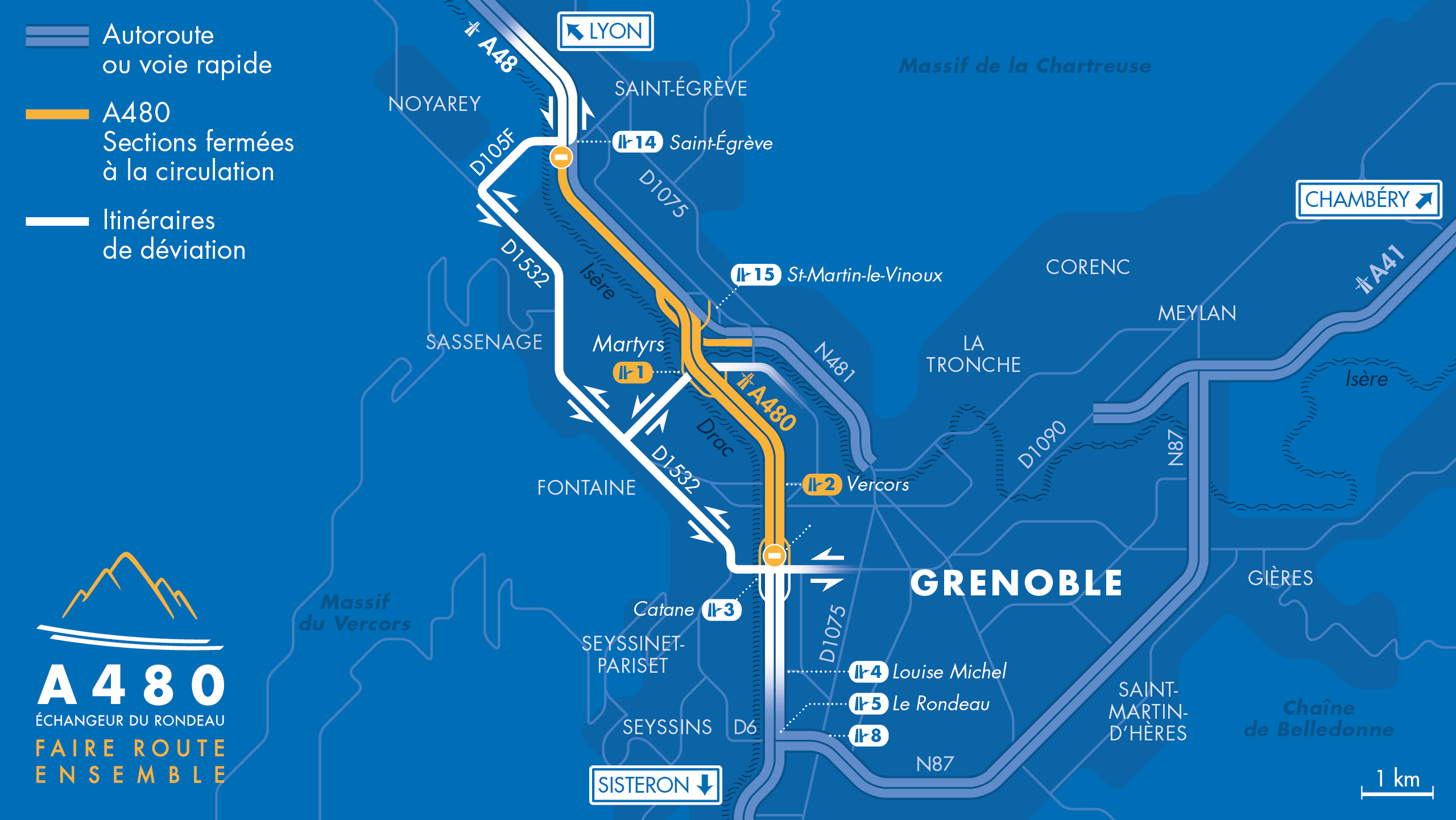 carte des travaux sur Grenoble entre le diffuseur 14 et le diffseur 3