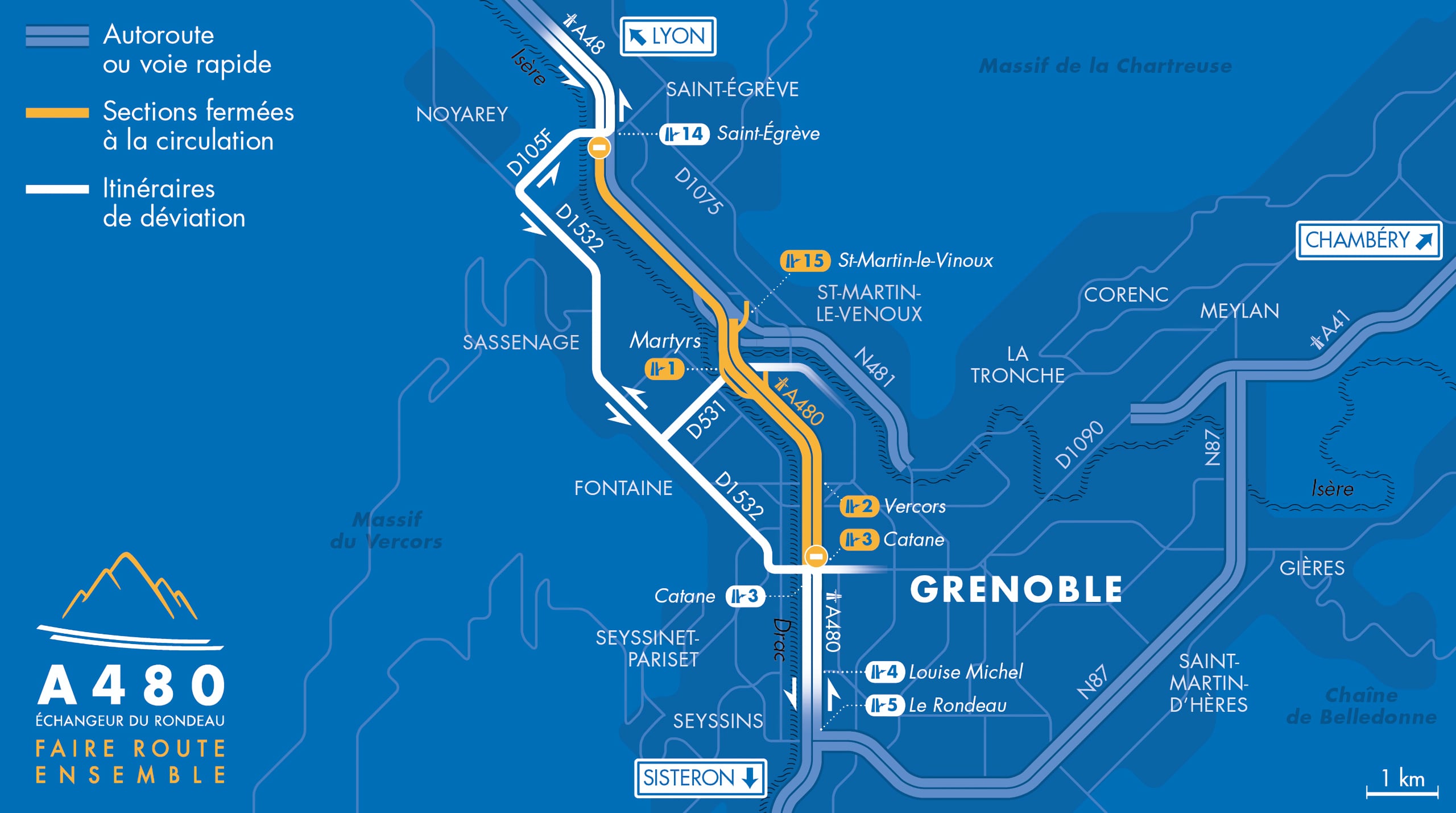 Carte des déviations sur l'autoroute A480 entre Saint-Égrève et Grenoble, secteur Catane