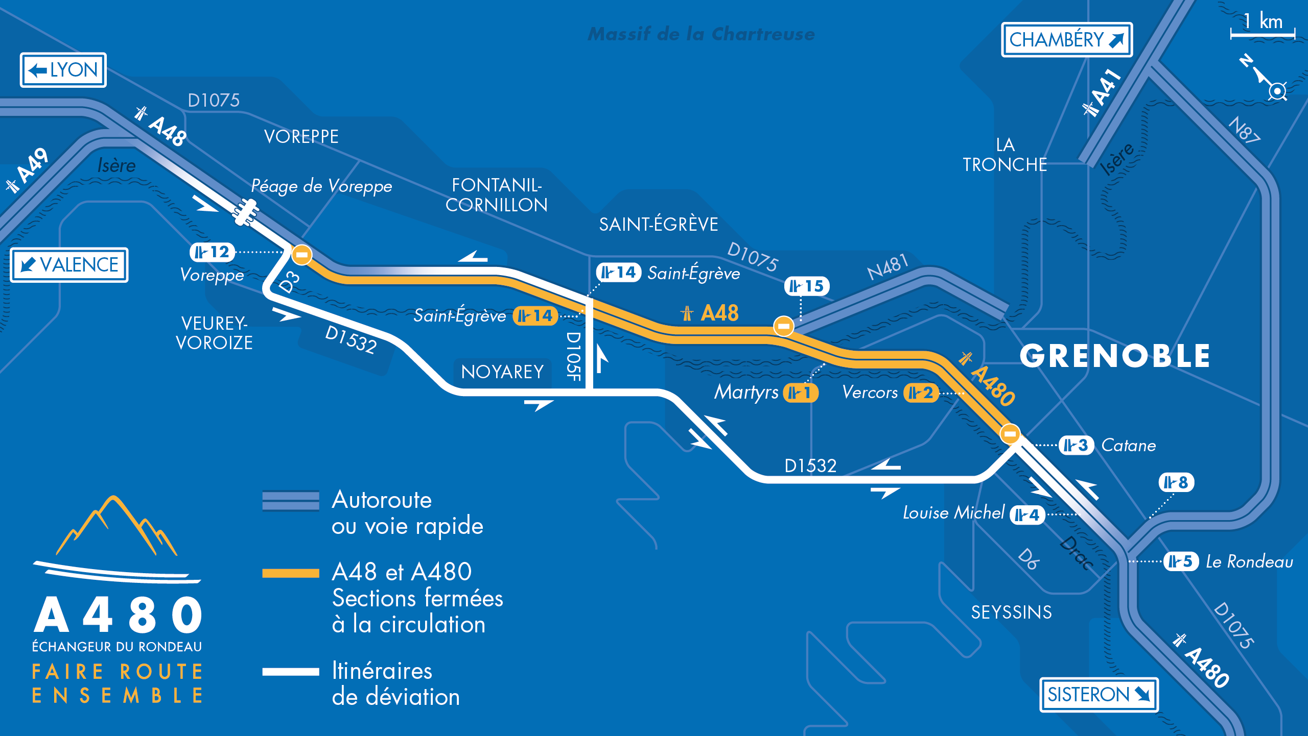 Carte des déviations sur les axes autoroutiers A48 et A480