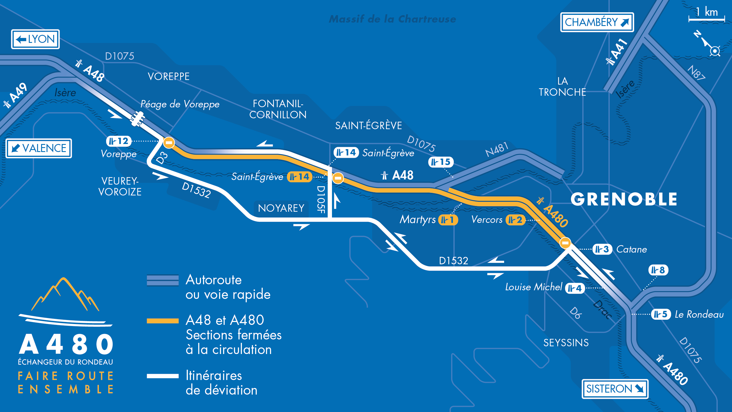 carte des travaux sur l'A480 et l'A48 entre Voreppe et le rondeau