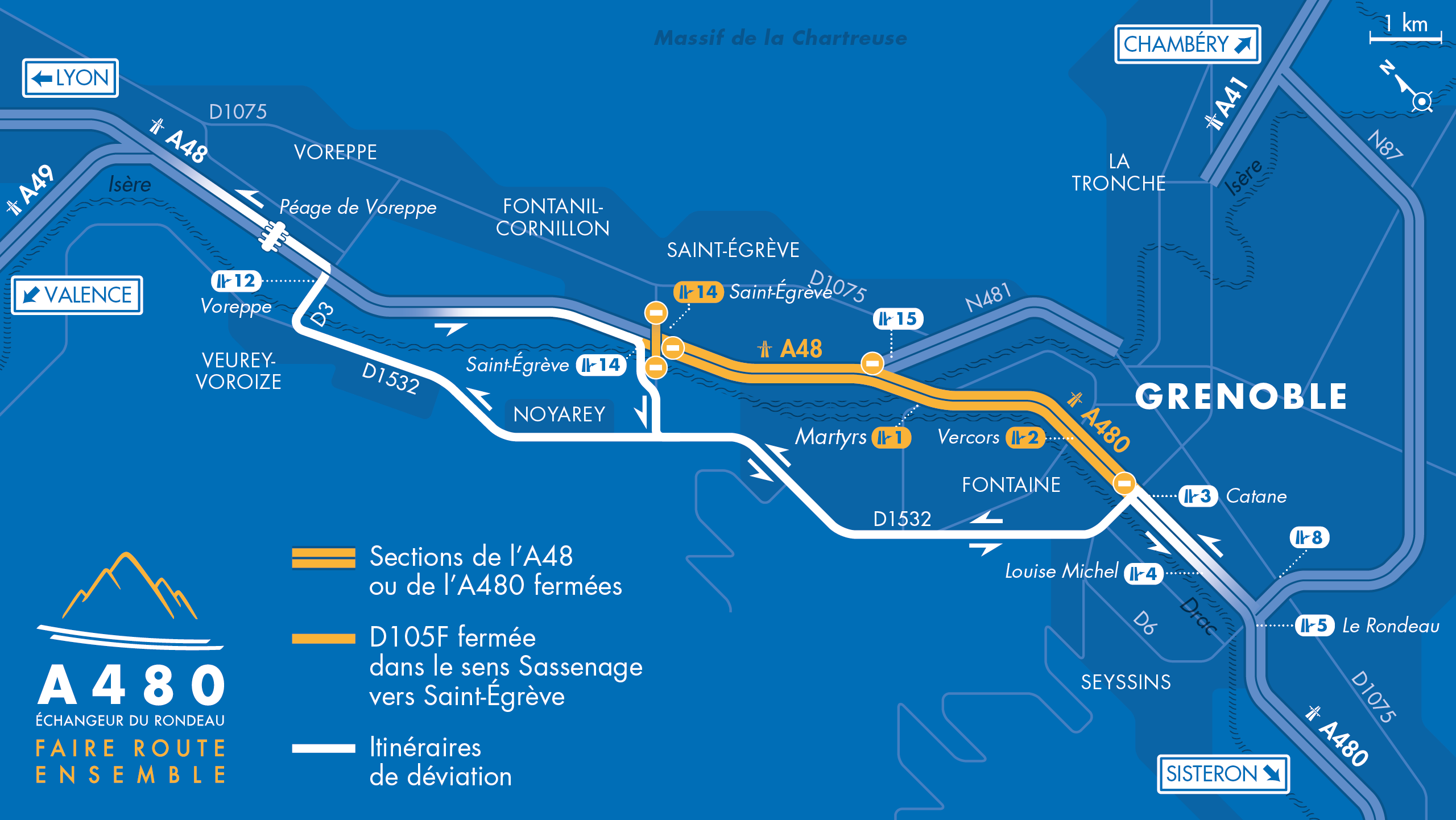 Carte des déviations sur l'autoroute A480 entre le diffuseur Saint-Egrève et le diffuseur Catane sur Grenoble