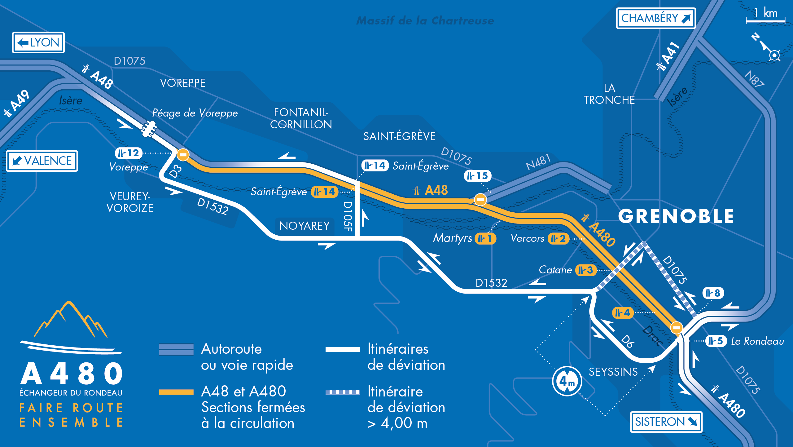 Carte des déviations sur l'autoroute A480 entre Voreppe et Grenoble, secteur Le Rondeau