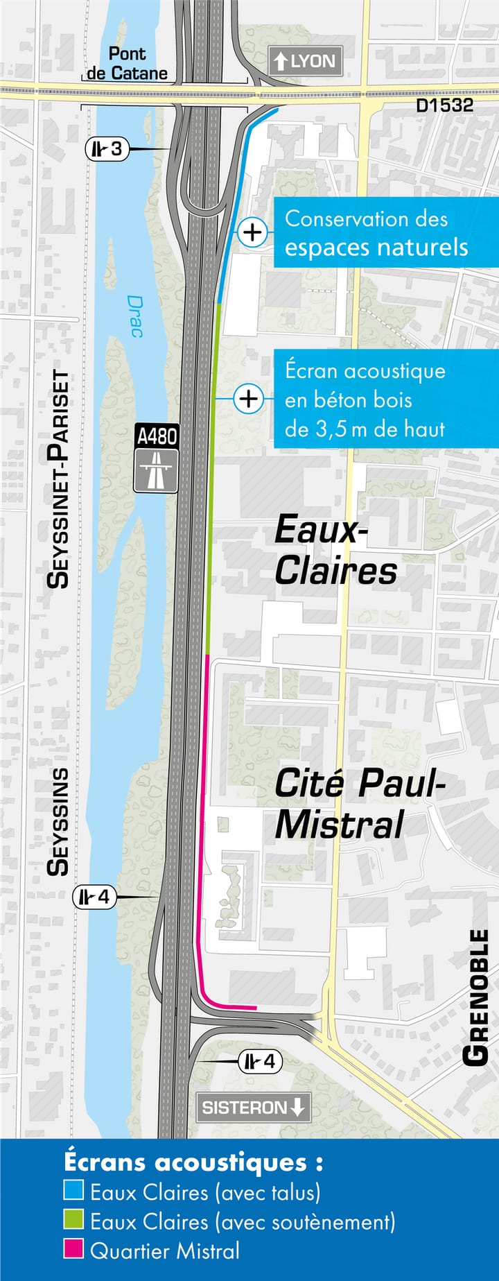 Carte de l'implantation du mur acoustique le long de l'autoroute A480 entre entre Louise Michel et Catane à Grenoble
