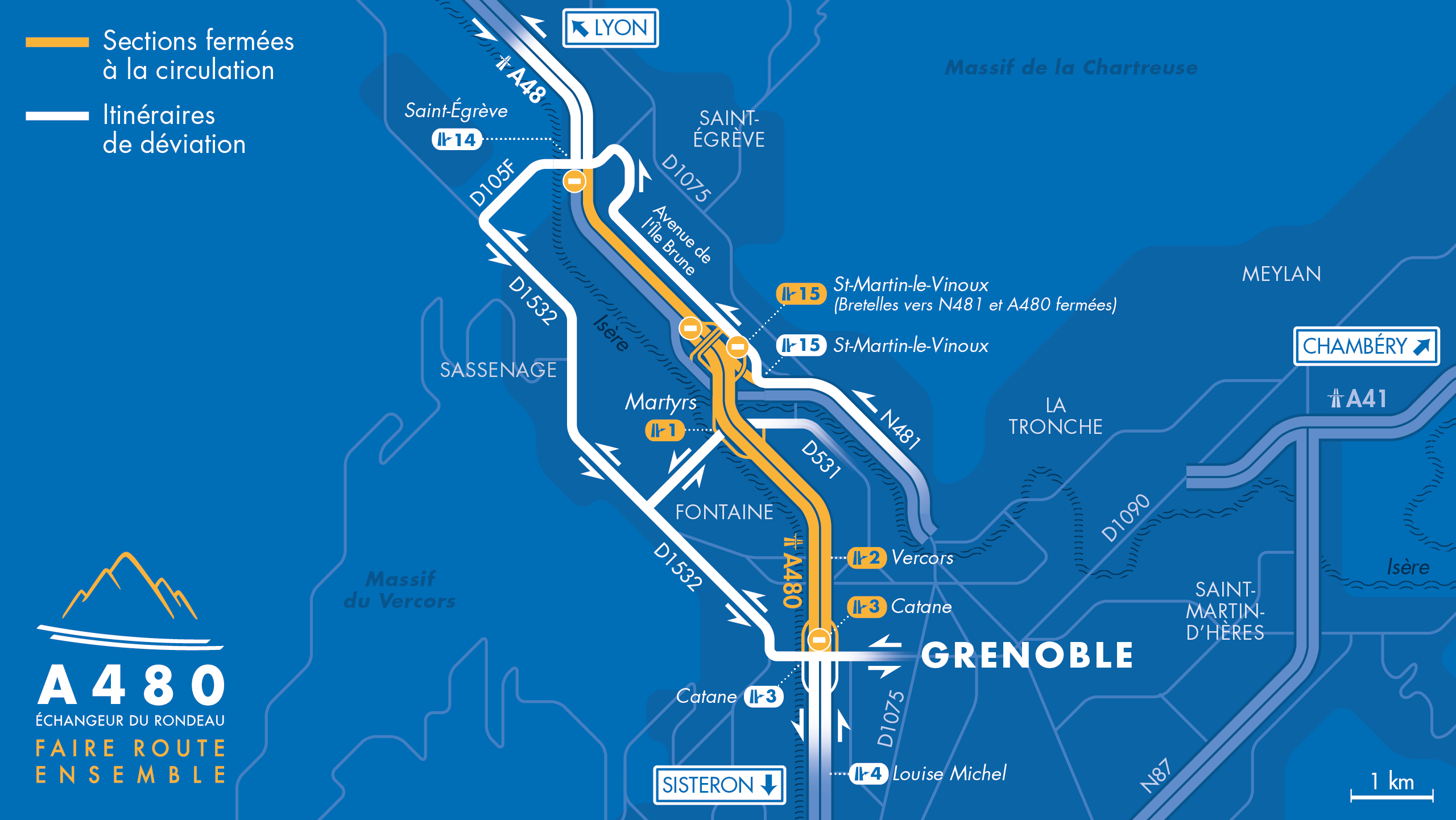 Carte de déviation entre la bifurcation A48/A480/RN481, le diffuseur de Catane (n°3) et le diffuseur de Saint-Égrève (n°14) à Grenoble