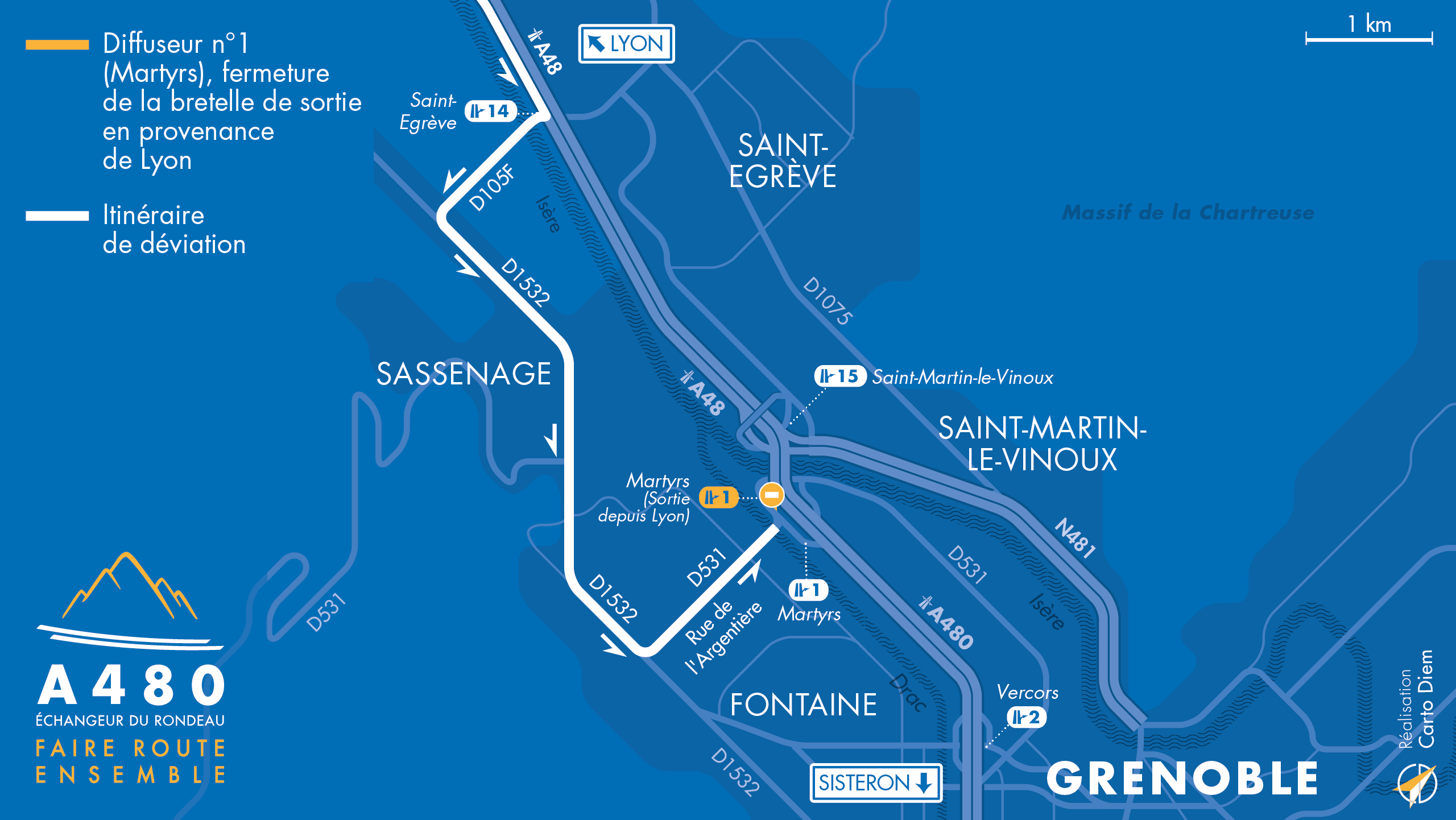 carte de déviation suite à la fermeture du diffuseur Martyrssur l'autoroute A480 à Grenoble