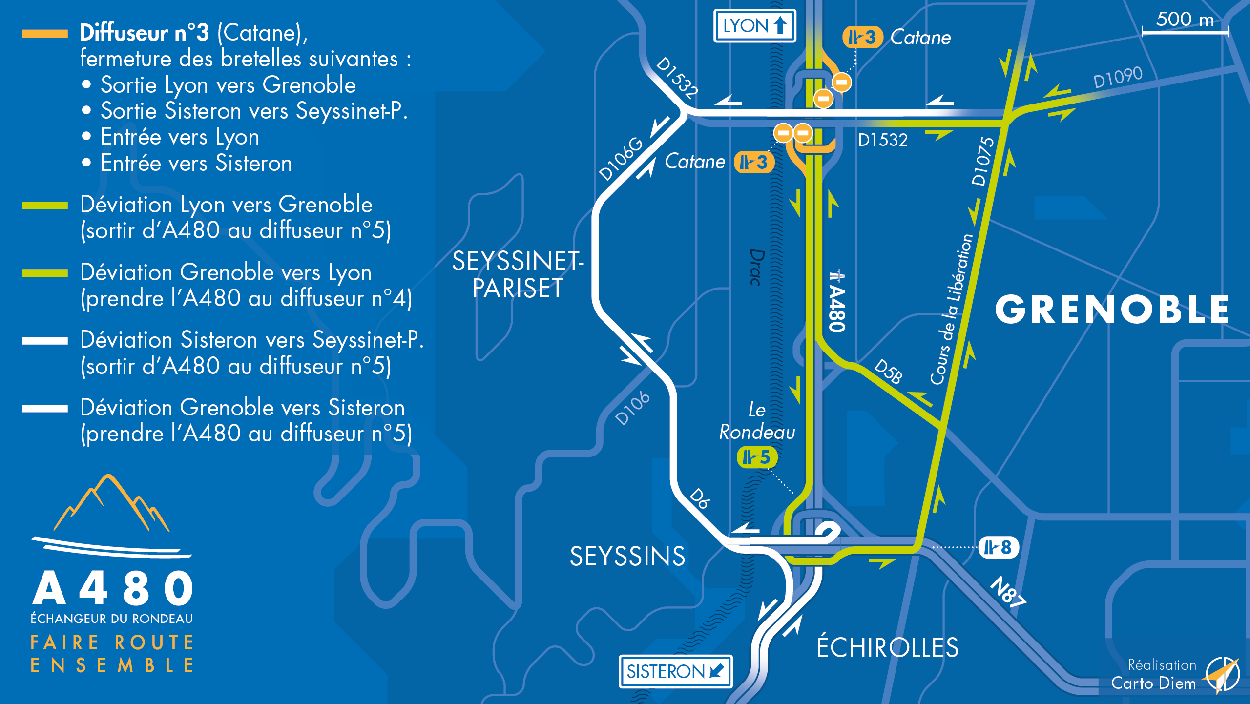 Carte des déviations suite à la fermeture des bretelles du diffuseur de Catane à Grenoble