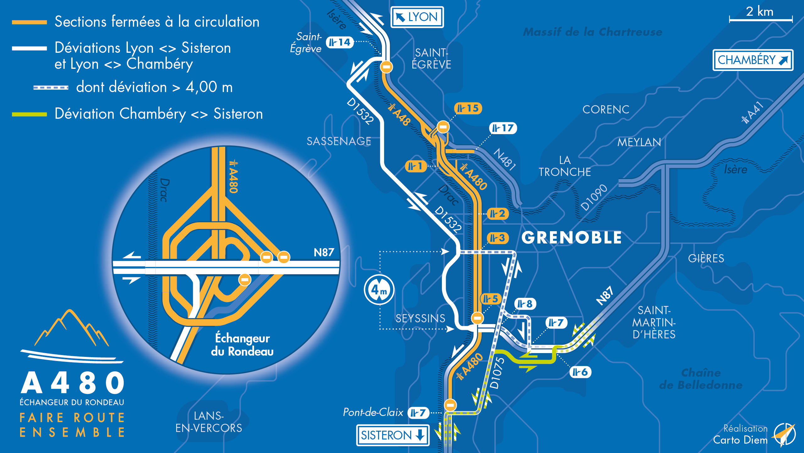carte des déviations suite à la fermeture des diffuseur entre Saint-Égrève, le Rondeau, le pont de Claix et la biffurcation vers la N481.