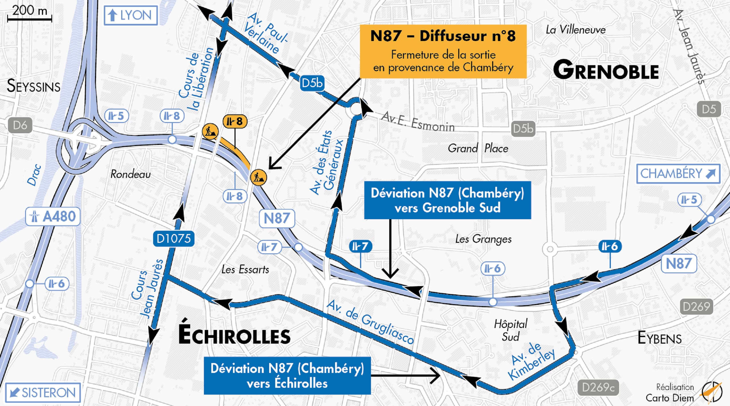 Carte de déviation suite à la fermeture de la bretelle de sortie Nord-Est de la Libération (8) en direction de Chambéry