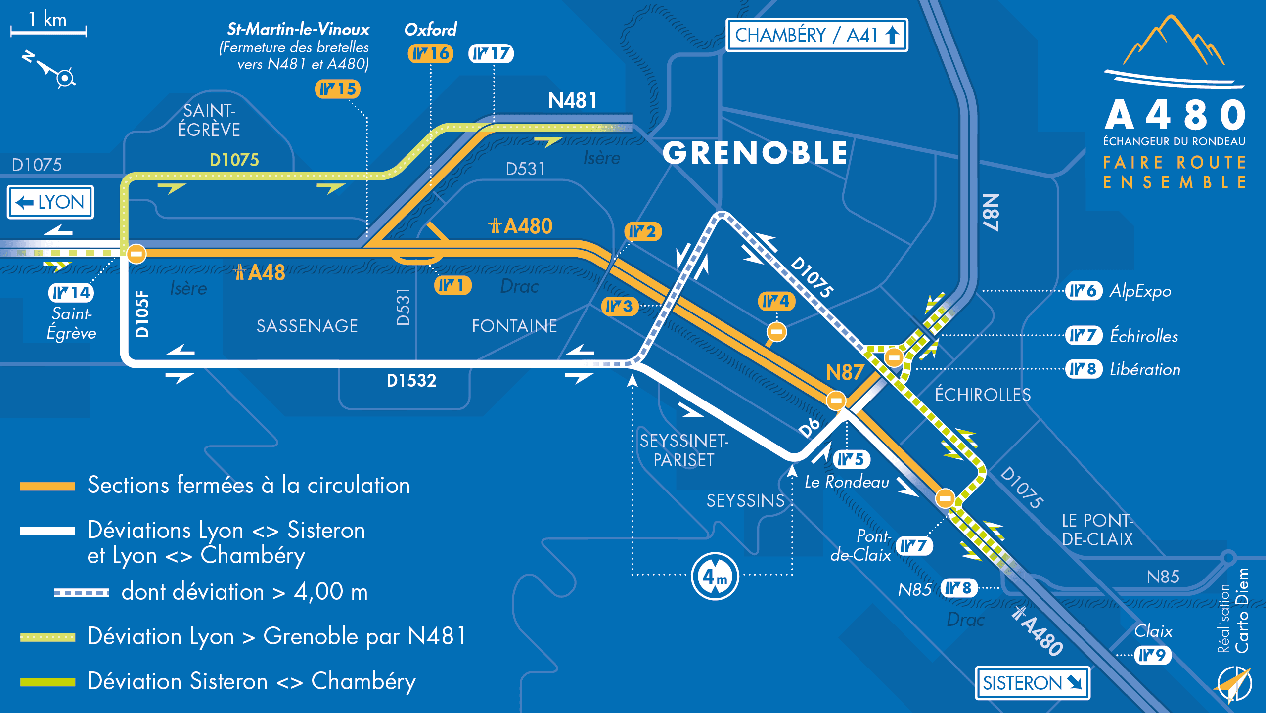 Carte de déviation suite à l'aménagement de l'autoroute urbaine A480 sur le bassin grenoblois