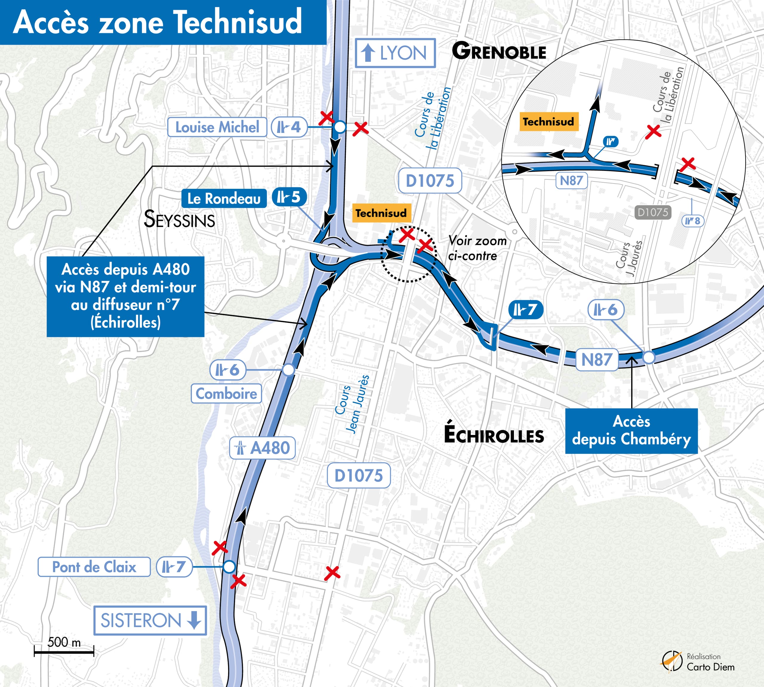 Carte de déviation sur la zone Technisud de Grenoble pour les poids lourds