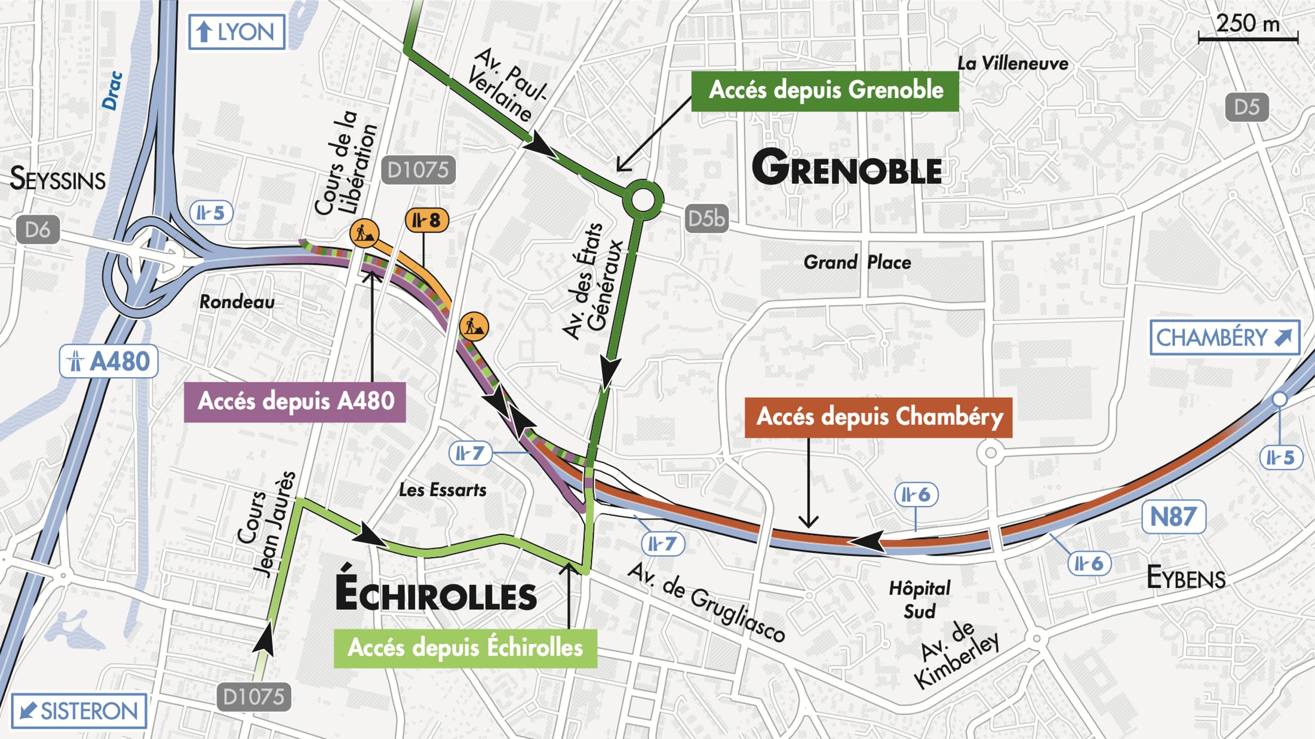 Carte de déviation sur la zone Technisud de Grenoble pour les véhicules légers