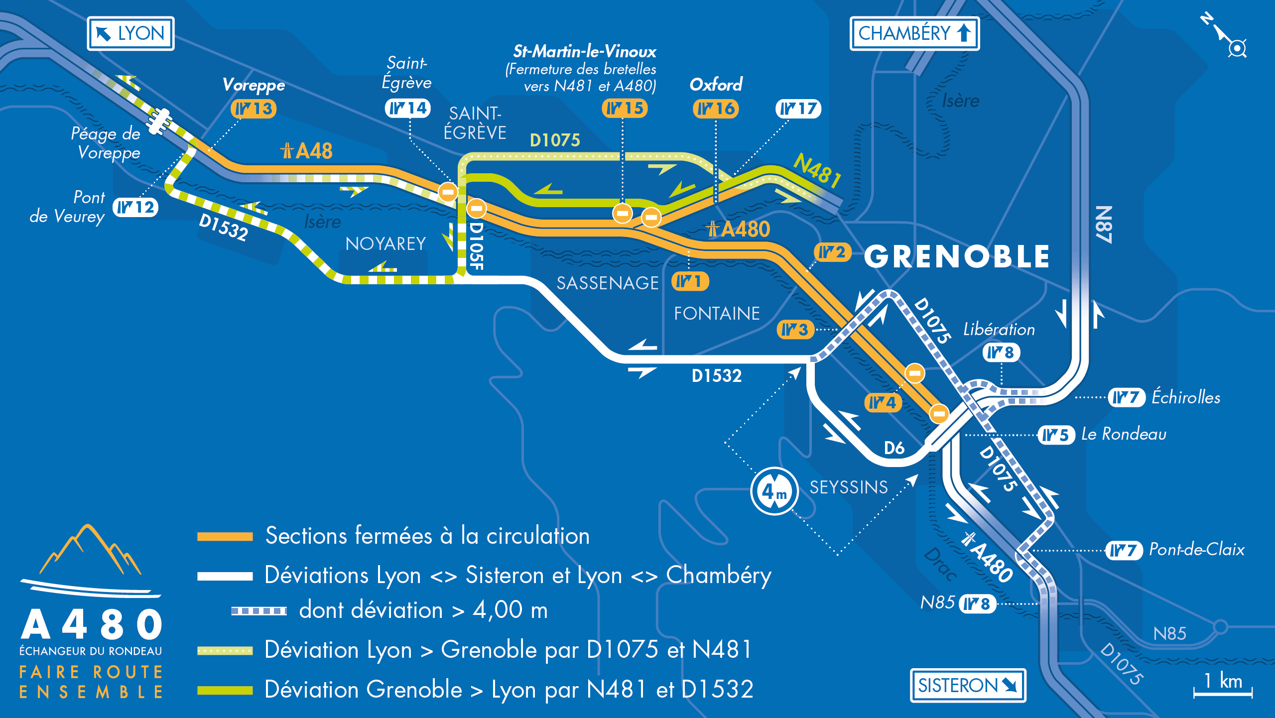 Carte de déviation suite à l'aménagement de l'autoroute urbaine A480 sur le bassin grenoblois