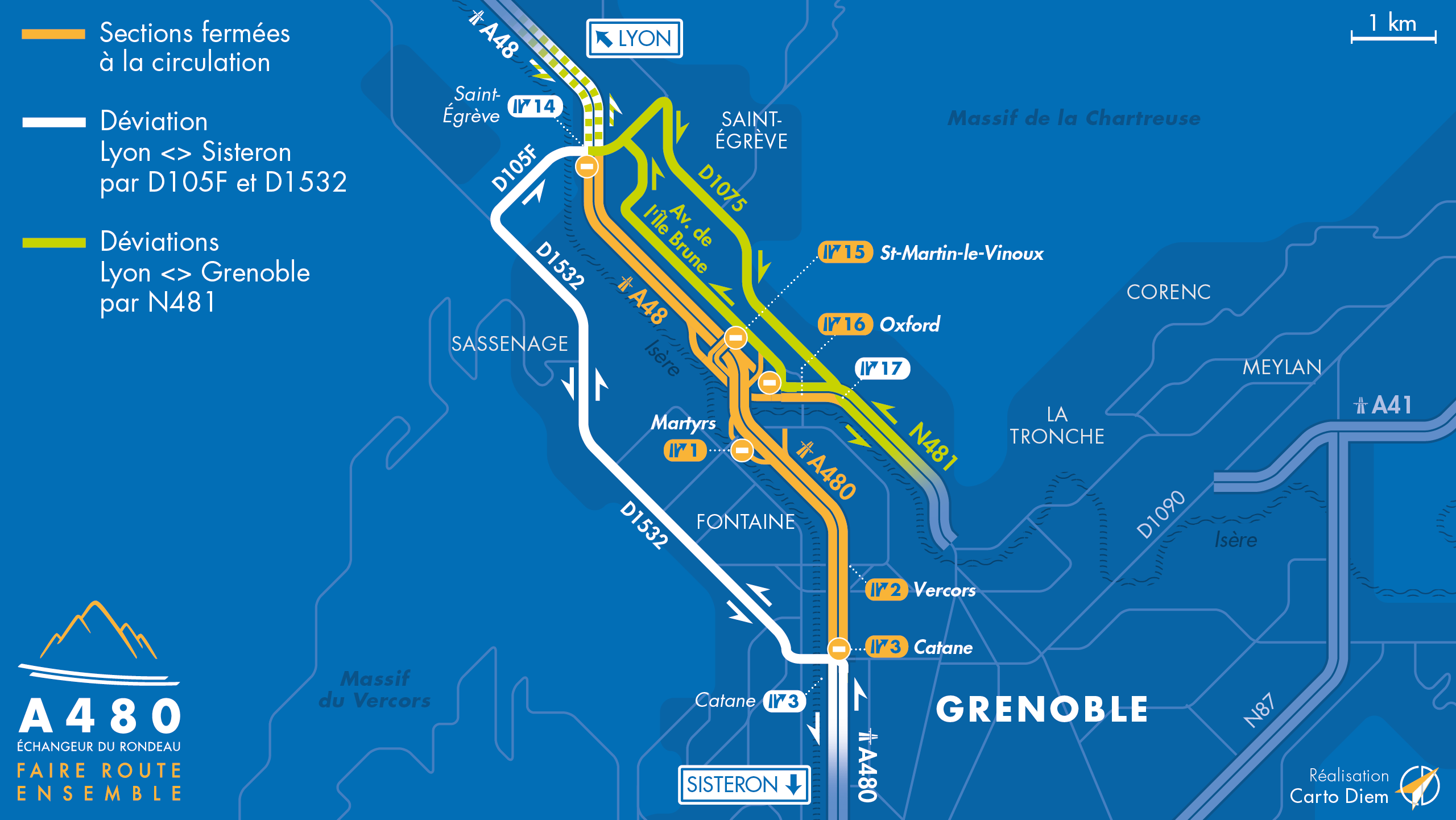 Carte de déviation suite à la fermeture pour travaux de l'autoroute urbaine A480 entre Saint-Egrève et Catane