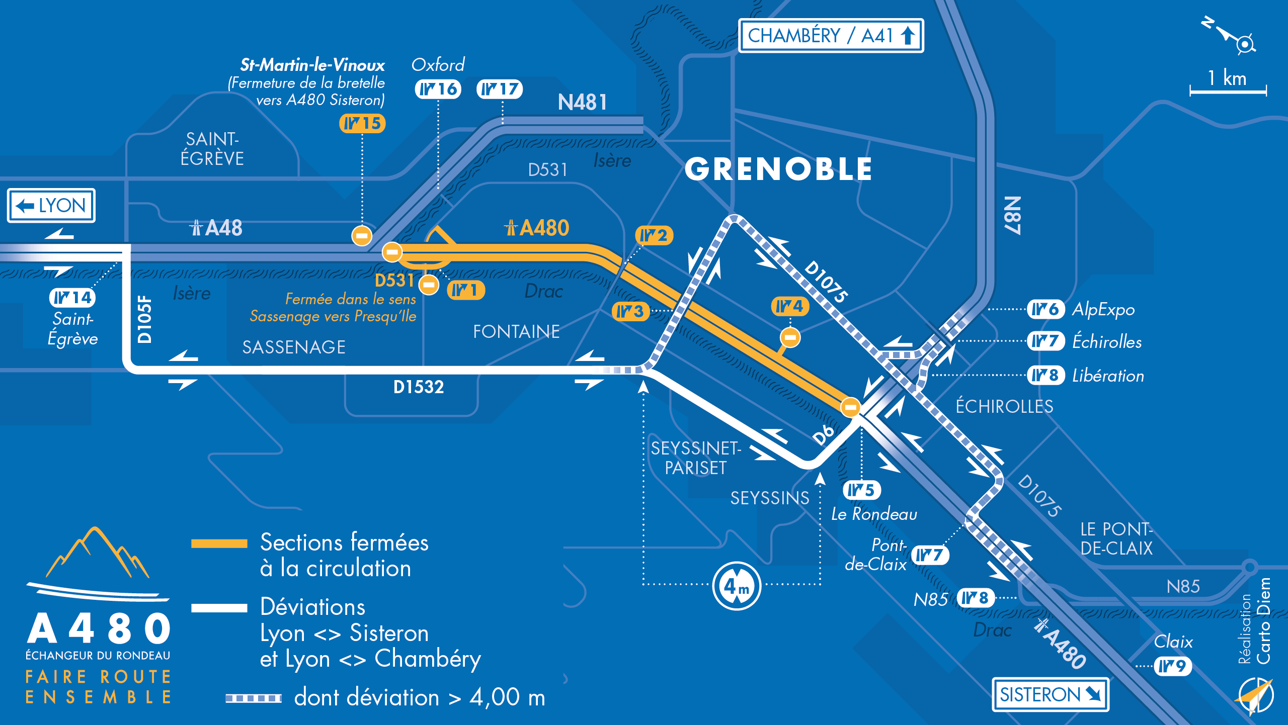 Carte de déviation suite à l'aménagement de l'autoroute urbaine A480 sur Grenoble