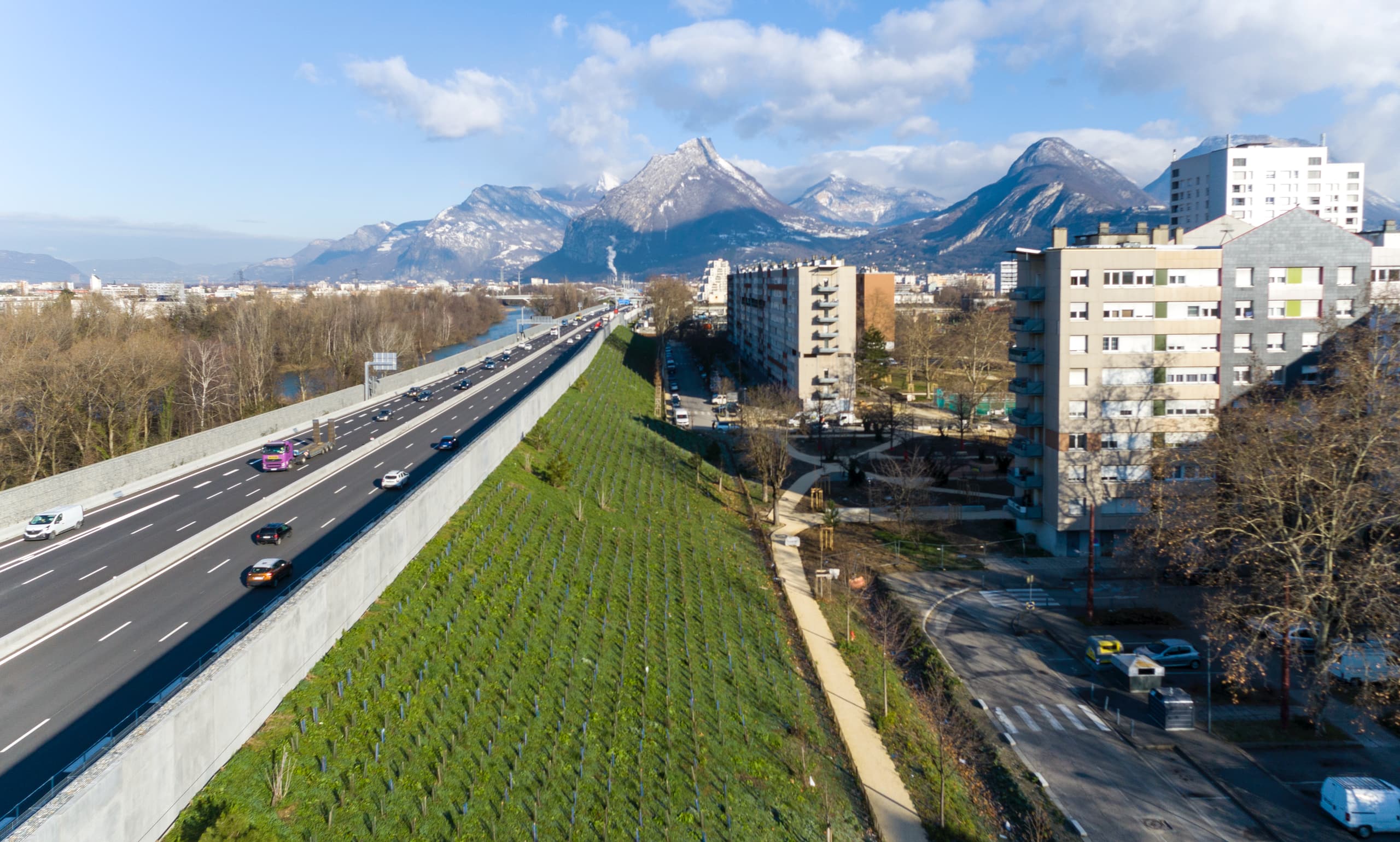 le renouvellement de la végétalisation du mur à Mistral en plantes grimpantes et en arbustes sur l'autoroute urbaine intégrée A480.