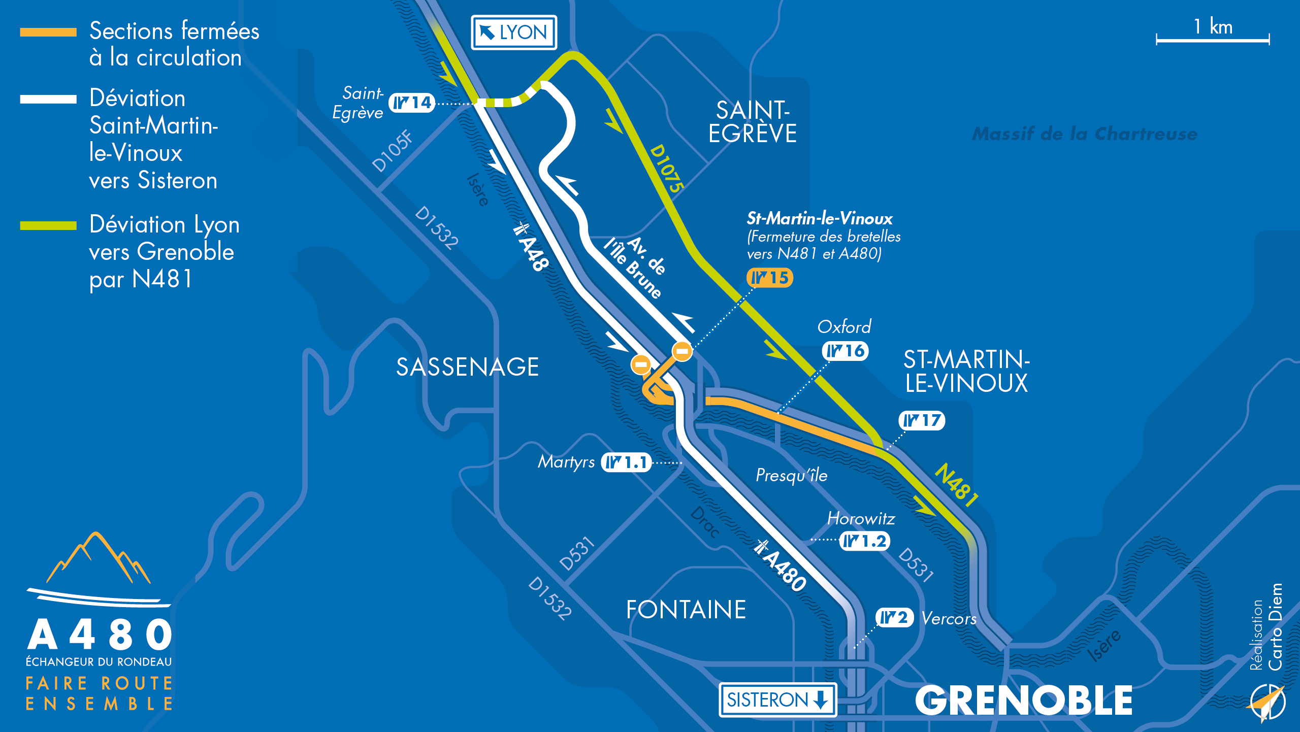 Carte de déviation suite à l'aménagement de l'autoroute urbaine A480 sur Grenoble