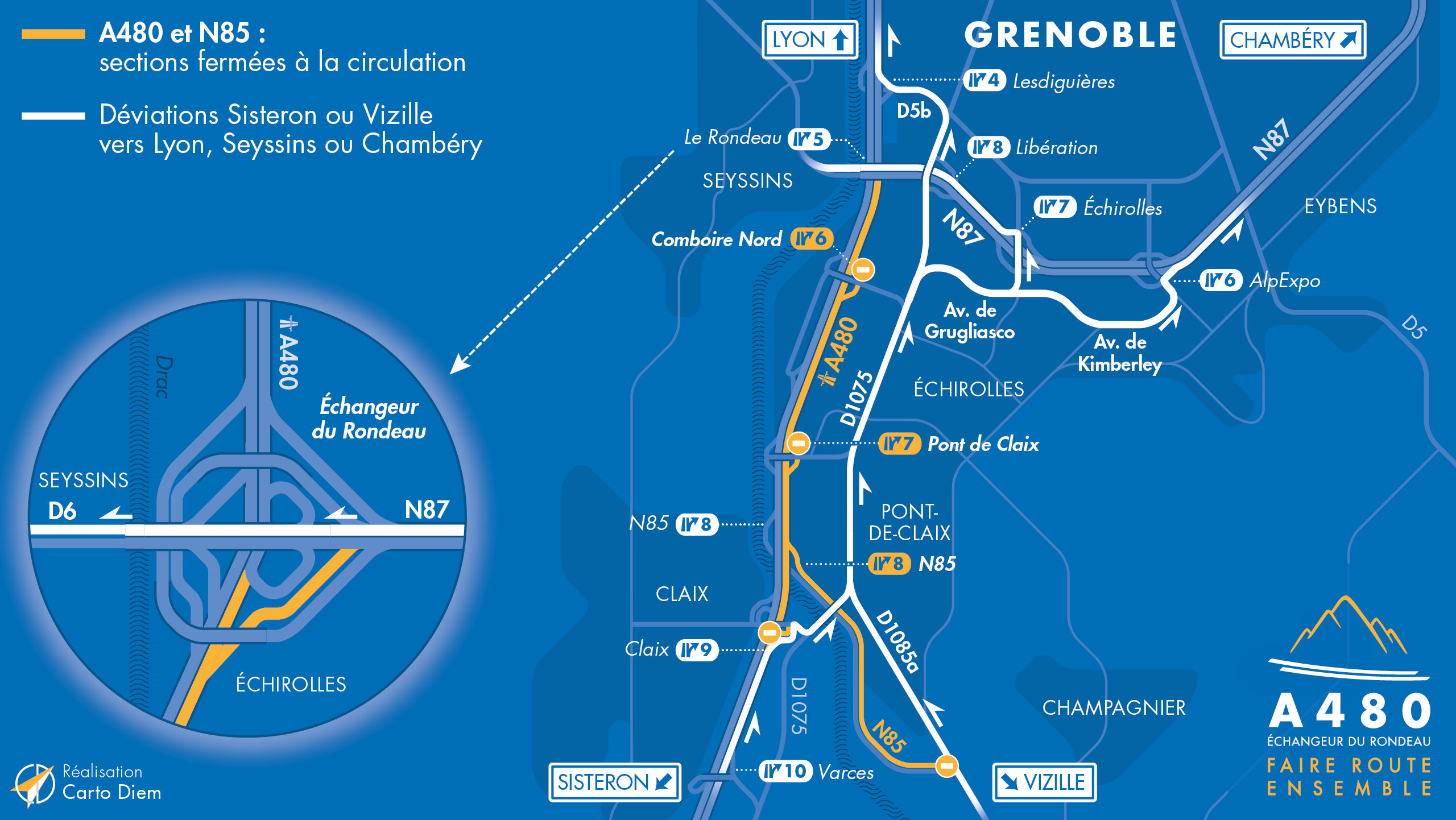 Carte de déviation suite à la fermeture de l'autoroute A480 et la nationale N85 entre Claix et le Rondeau en direction de Lyon