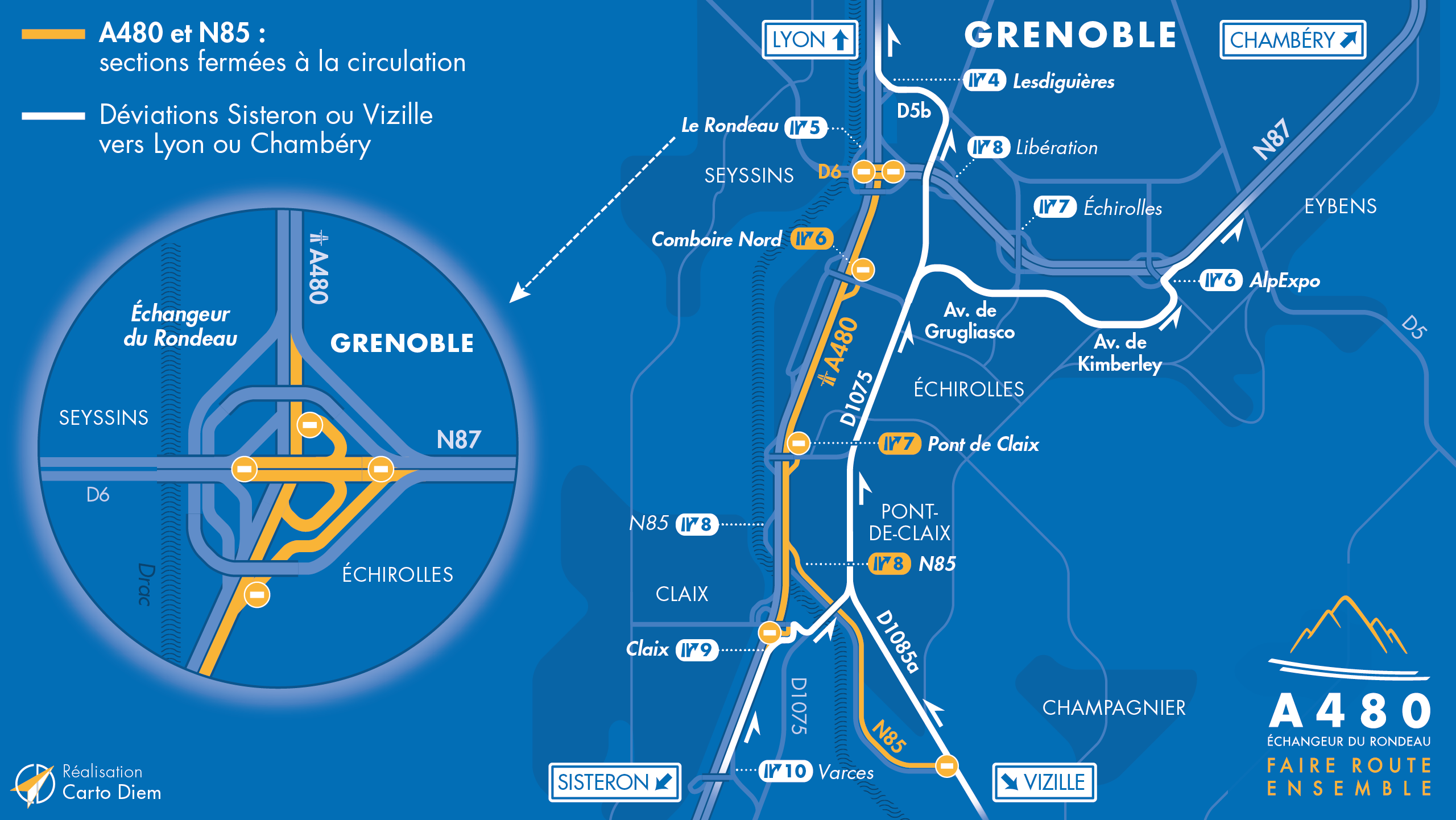 Carte de déviation suite à la fermeture de l'autoroute A480 et la nationale N85 entre le Rondeau et Claix en direction de Sisteron