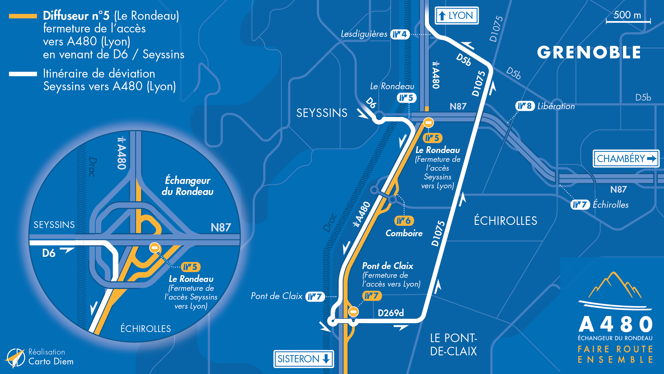 Carte alternative de déviation suite à la fermeture de l'autoroute A480 et la nationale N85 entre Claix et le Rondeau en direction de Lyon