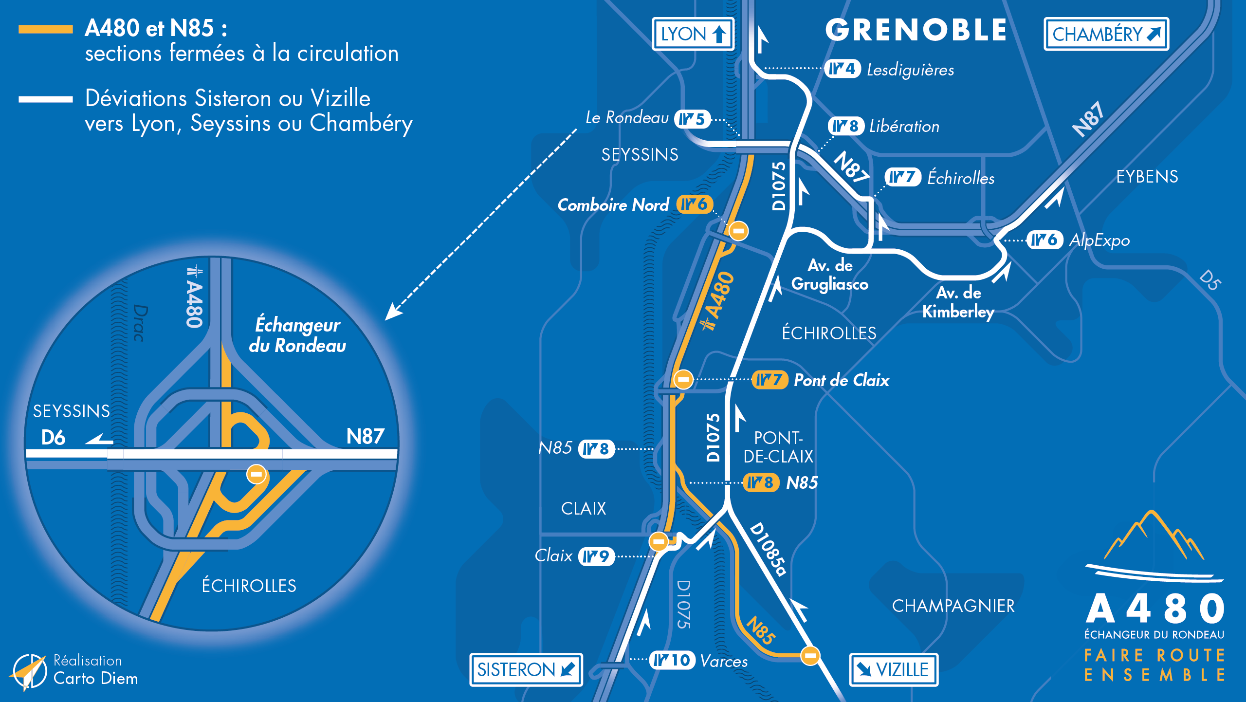 Carte de déviation suite à la fermeture de l'autoroute A480 et la nationale N85 entre Claix et le Rondeau en direction de Lyon