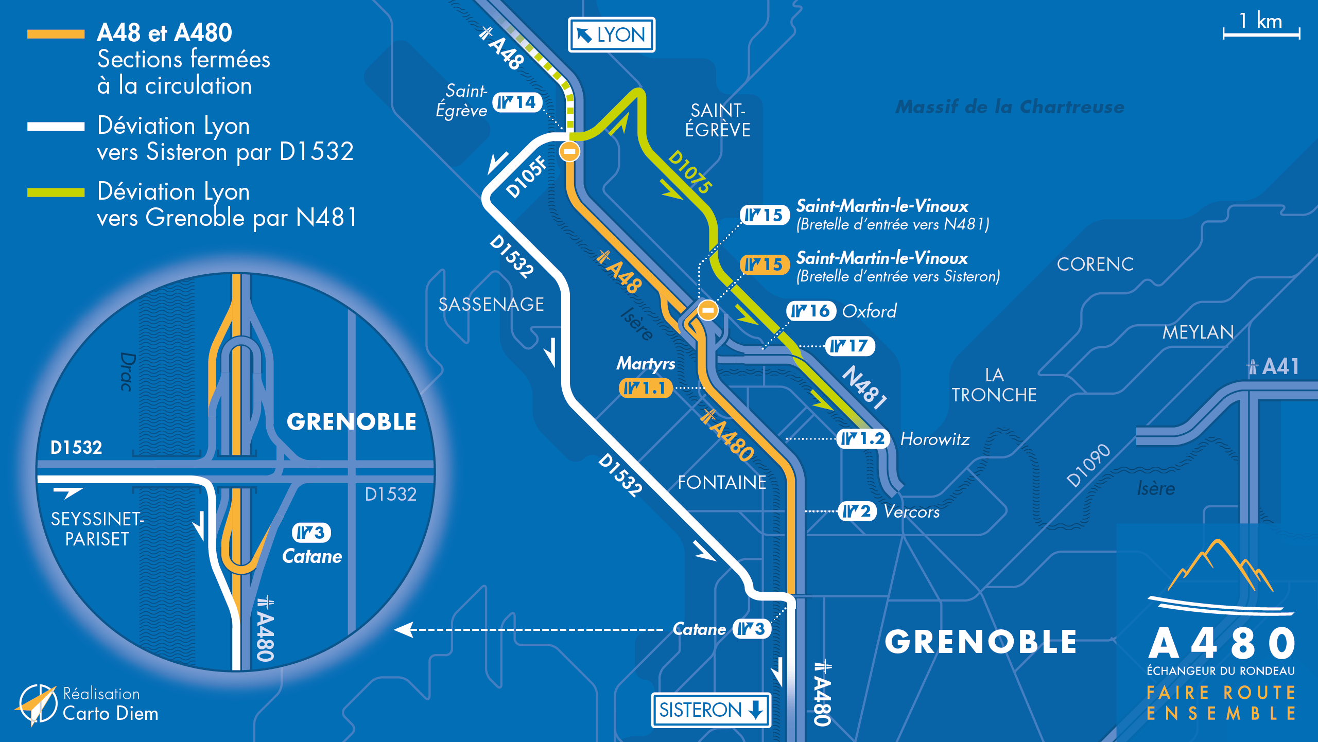 Carte de déviation suite aux travaux sur l'autoroute A480 entre le diffuseur de Saint-Égrève et le diffuseur de Catane