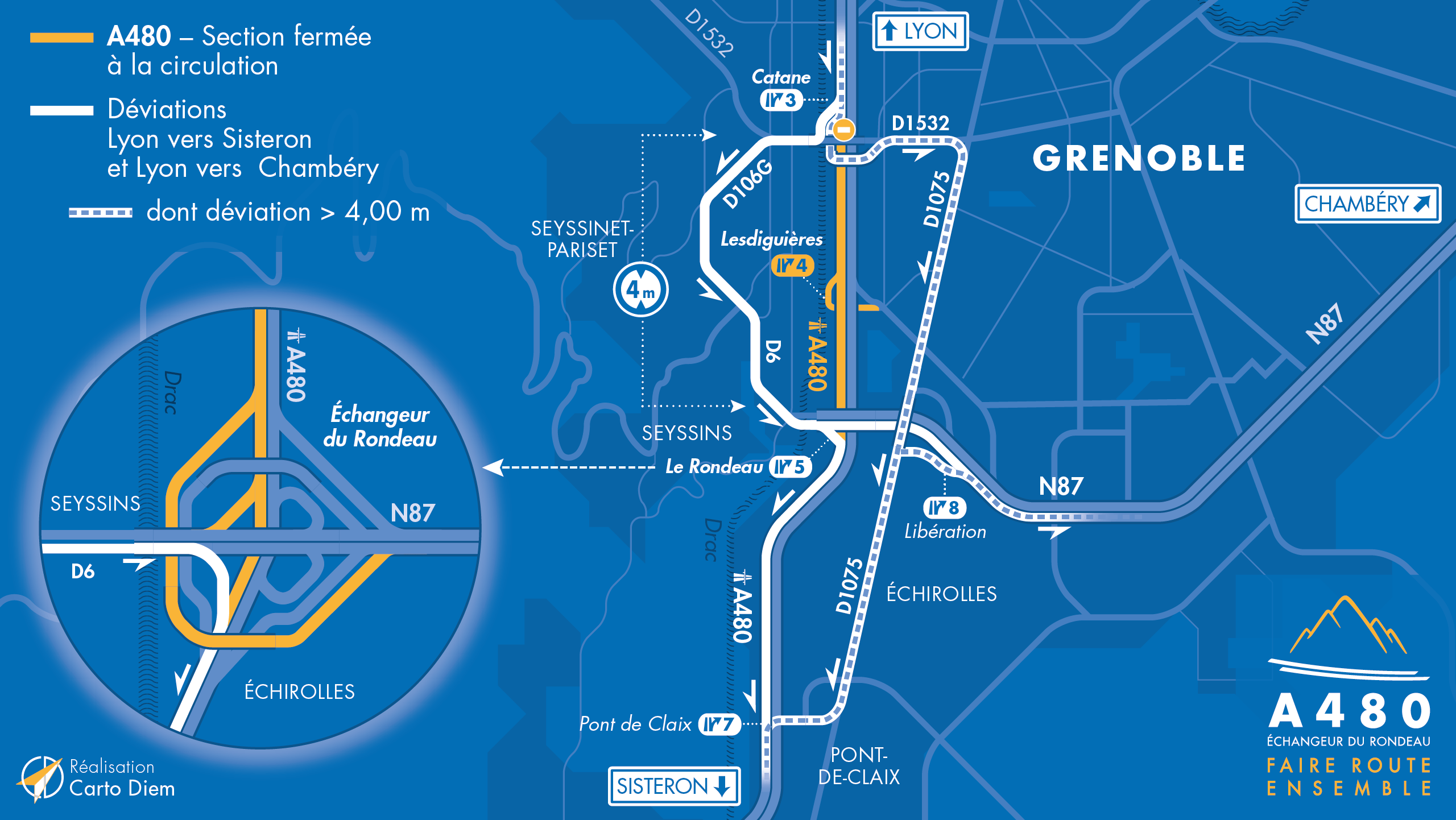 Carte de déviation suite à la fermeture d'une partie de l'autoroute A480 en direction de Sisteron entre Catane et le Rondeau