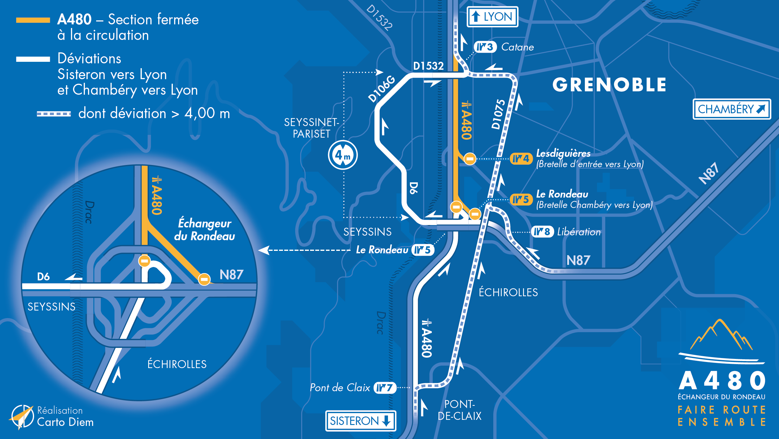 Carte de déviation suite à la fermeture de l'autoroute A480 en direction de Lyon entre le Rondeau et Catane