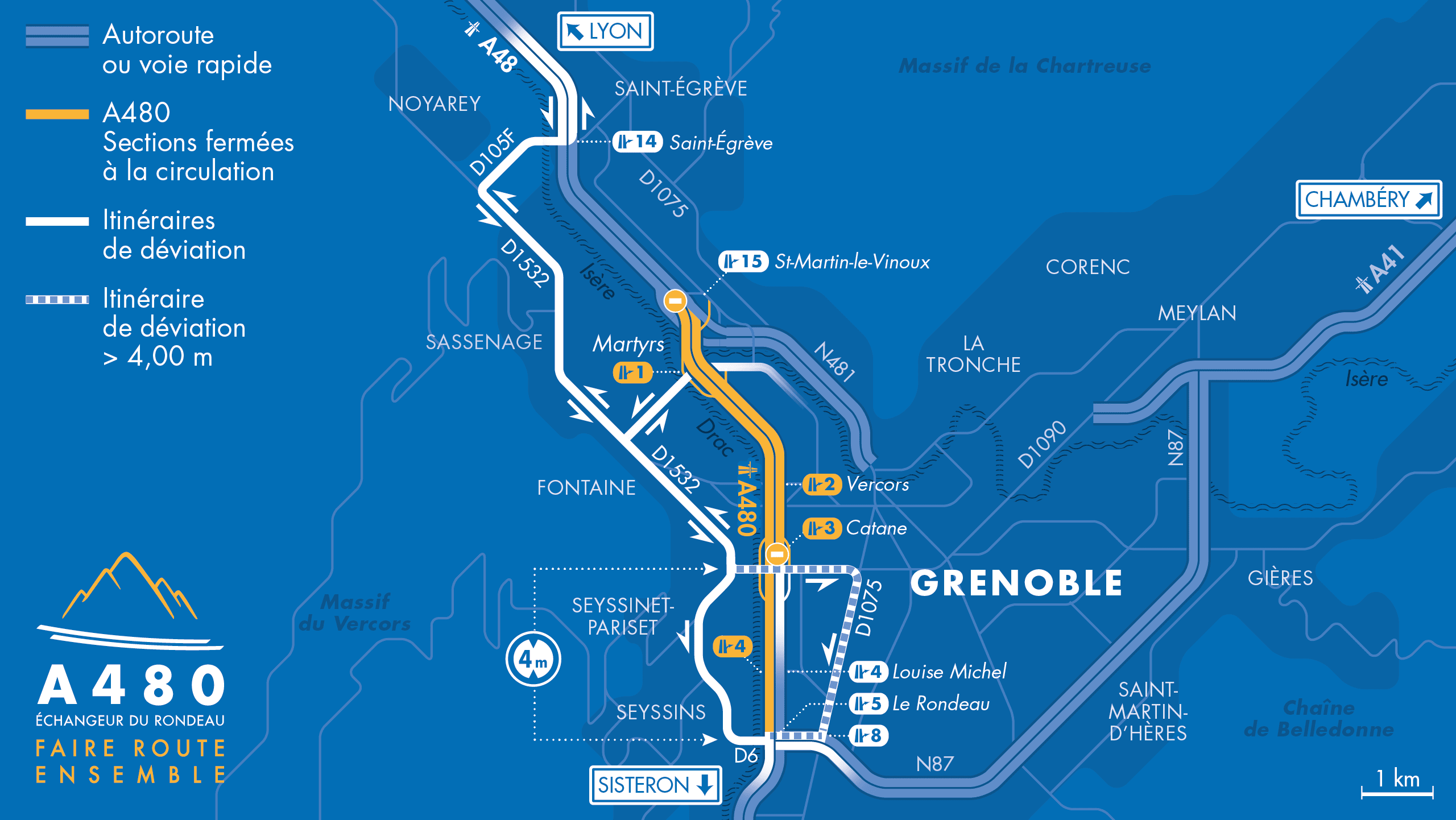 A480 : carte de la fermeture entre la N481, le Rondeau et le secteur Catane.
