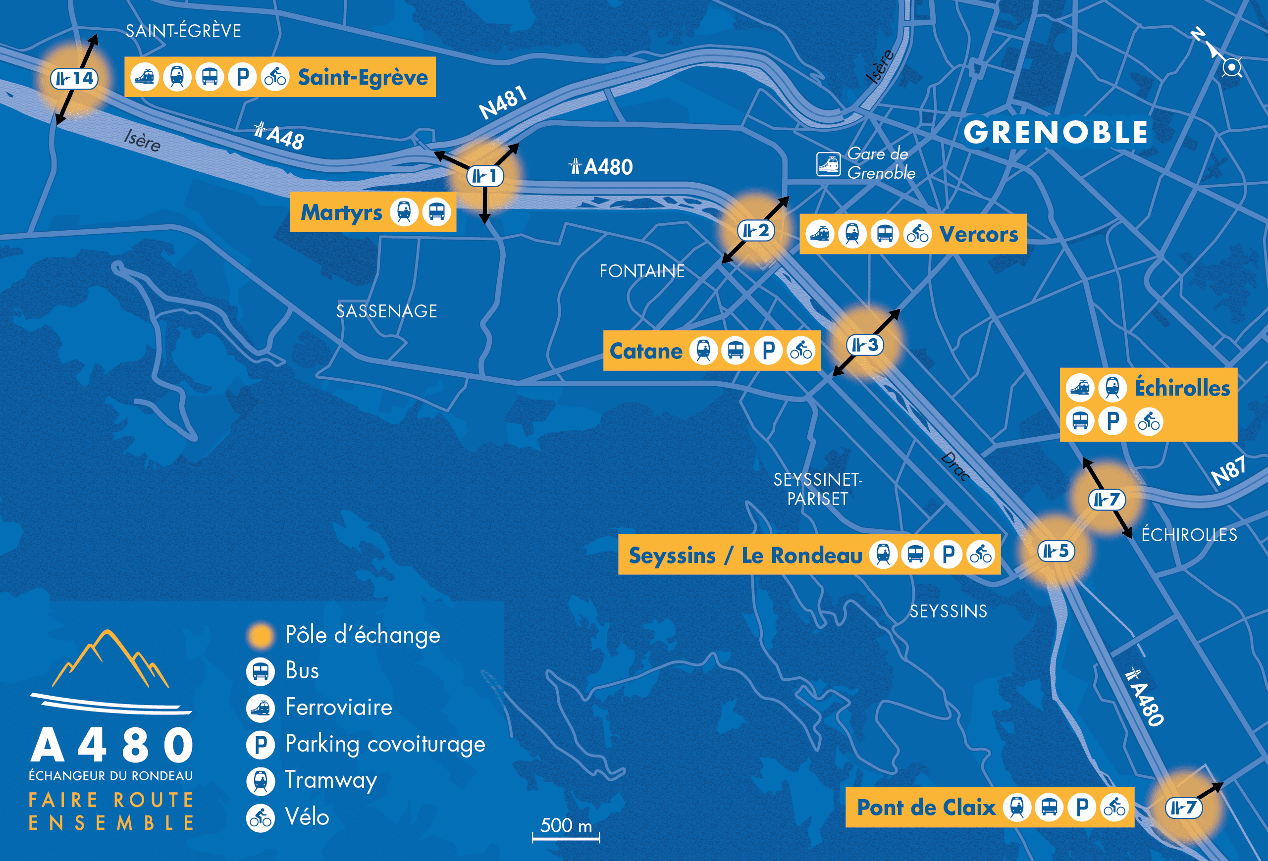 carte indiquant les possibilités de co-voiturage le long de l'A480