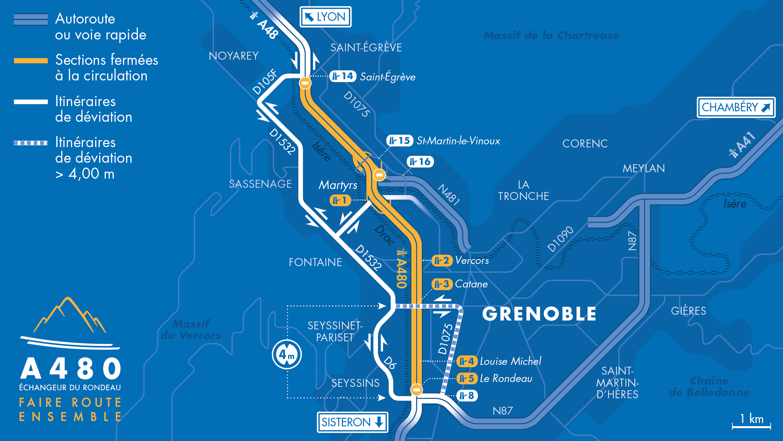 carte travaux, APRR A480 sur Grenoble Saint-Egreve, secteur Rondeau