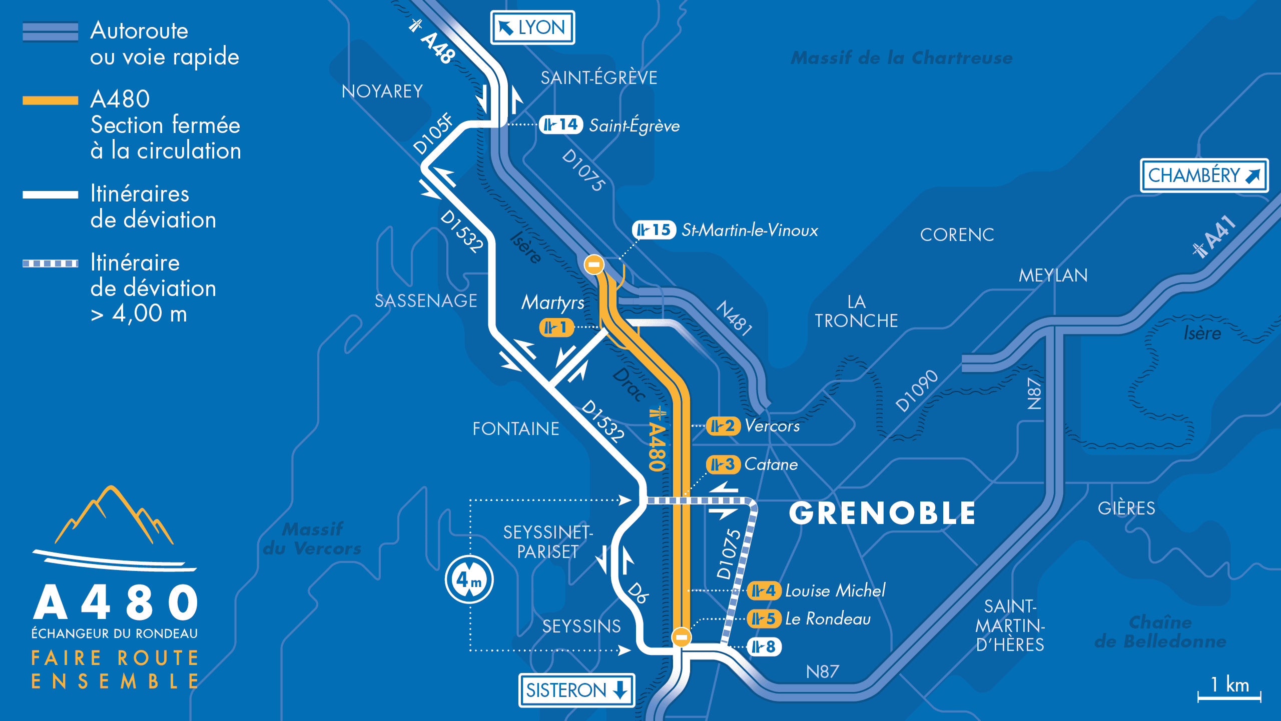 carte travaux, APRR A480 sur Grenoble Saint-Egreve, secteur Rondeau