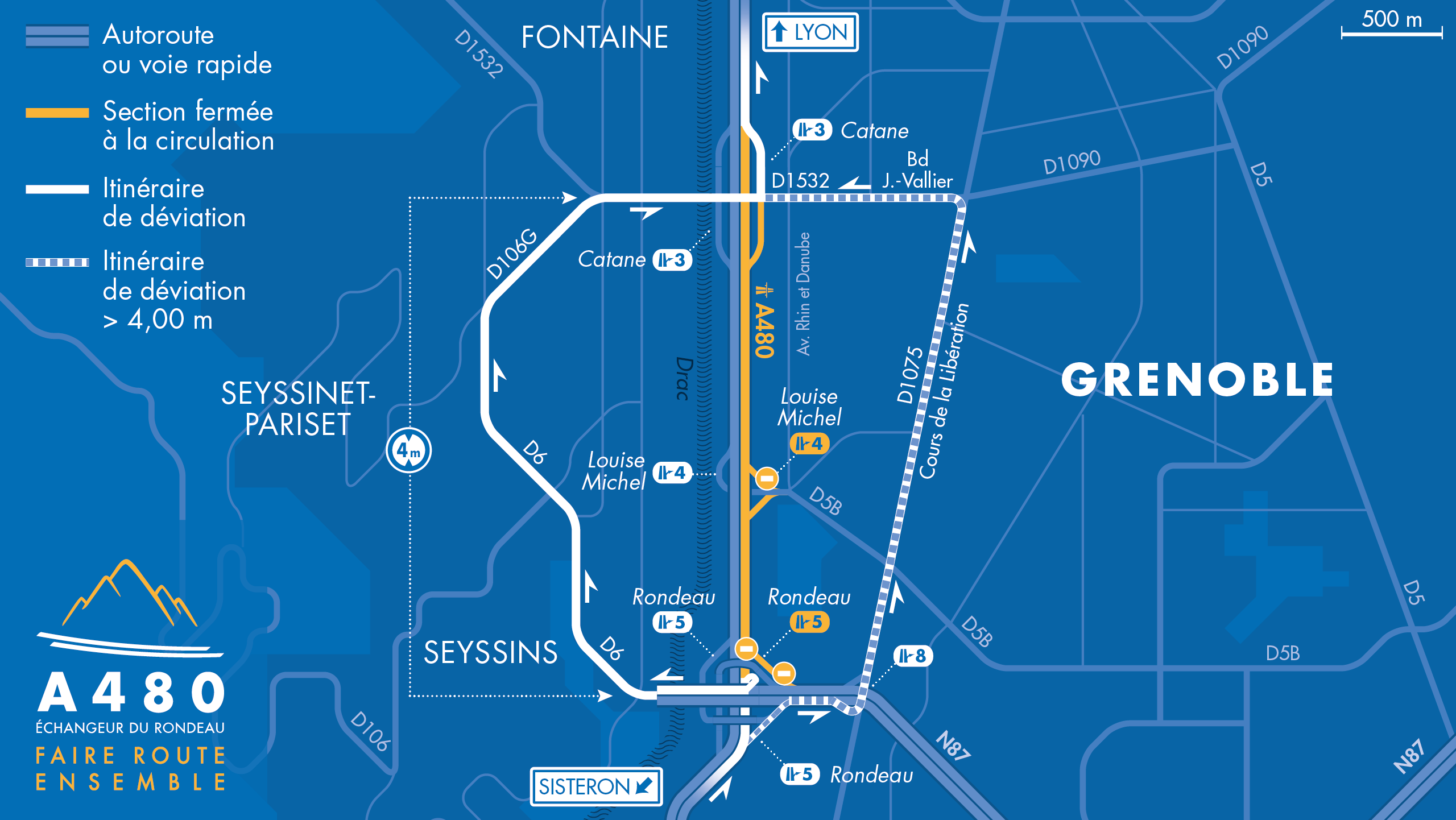 carte des travaux sur l'A480 à Grenoble entre le diffuseur du Rondeau et le diffuseur à Catane