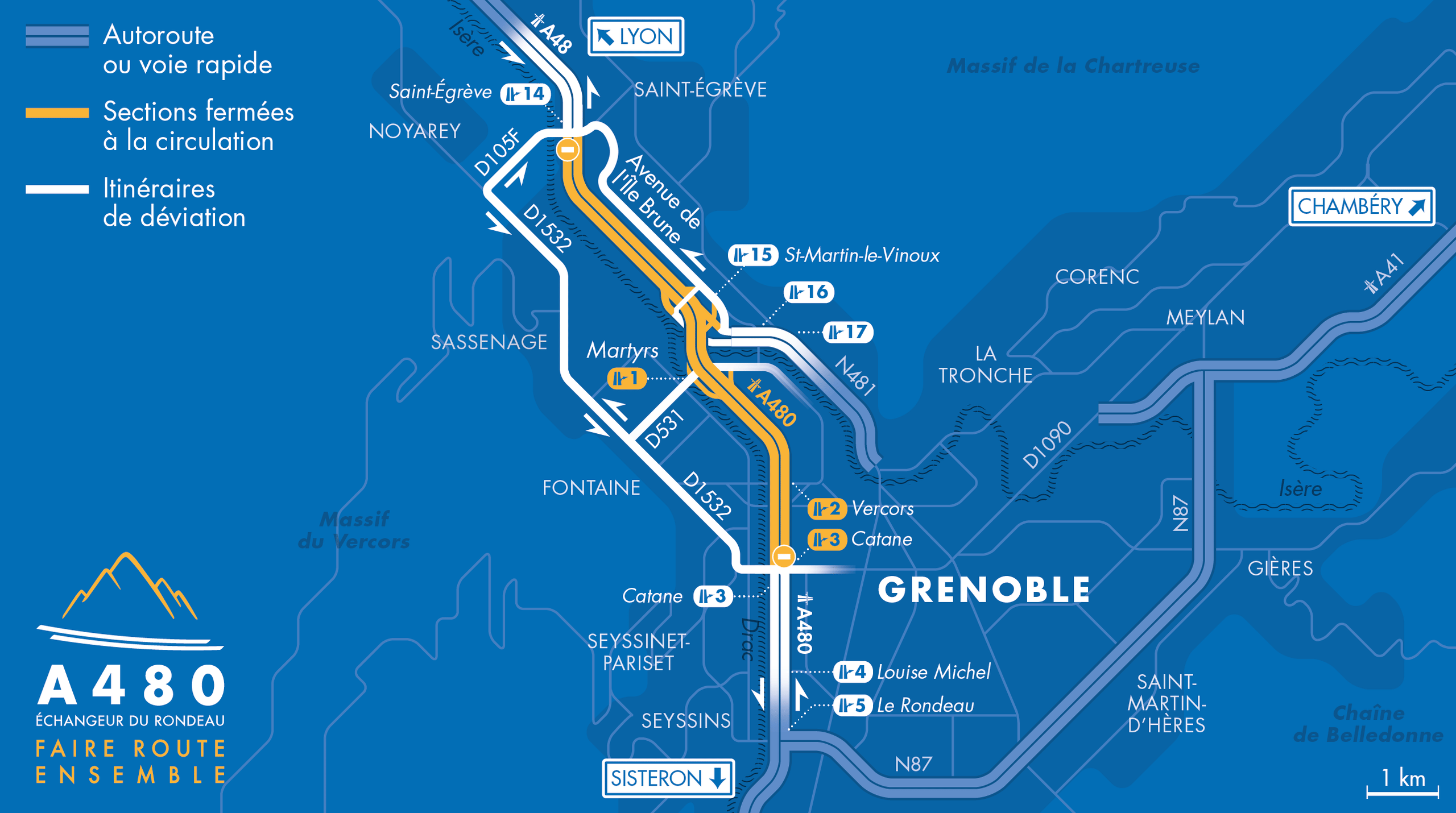 Carte des déviations sur l'autoroute A480 entre Saint-Égrève et Grenoble, secteur Catane