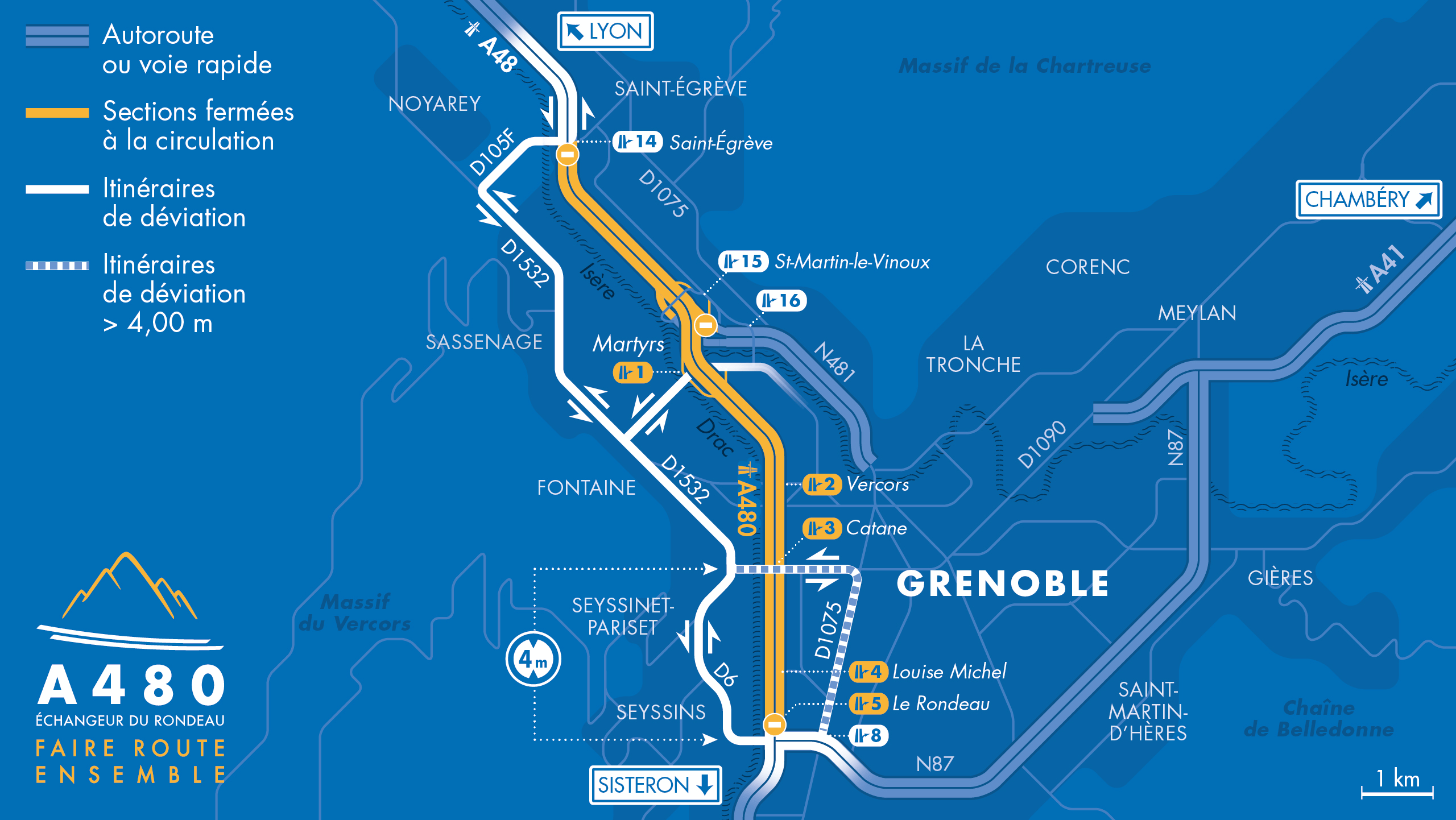 Carte des déviations sur l'autoroute A480 entre Saint-Égrève et Grenoble