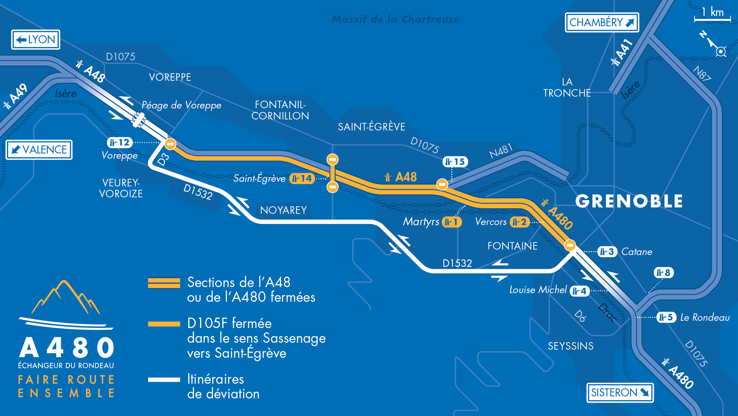 Carte des déviations sur l'autoroute A480 entre le diffuseur Voreppe et le diffuseur Catane sur Grenoble