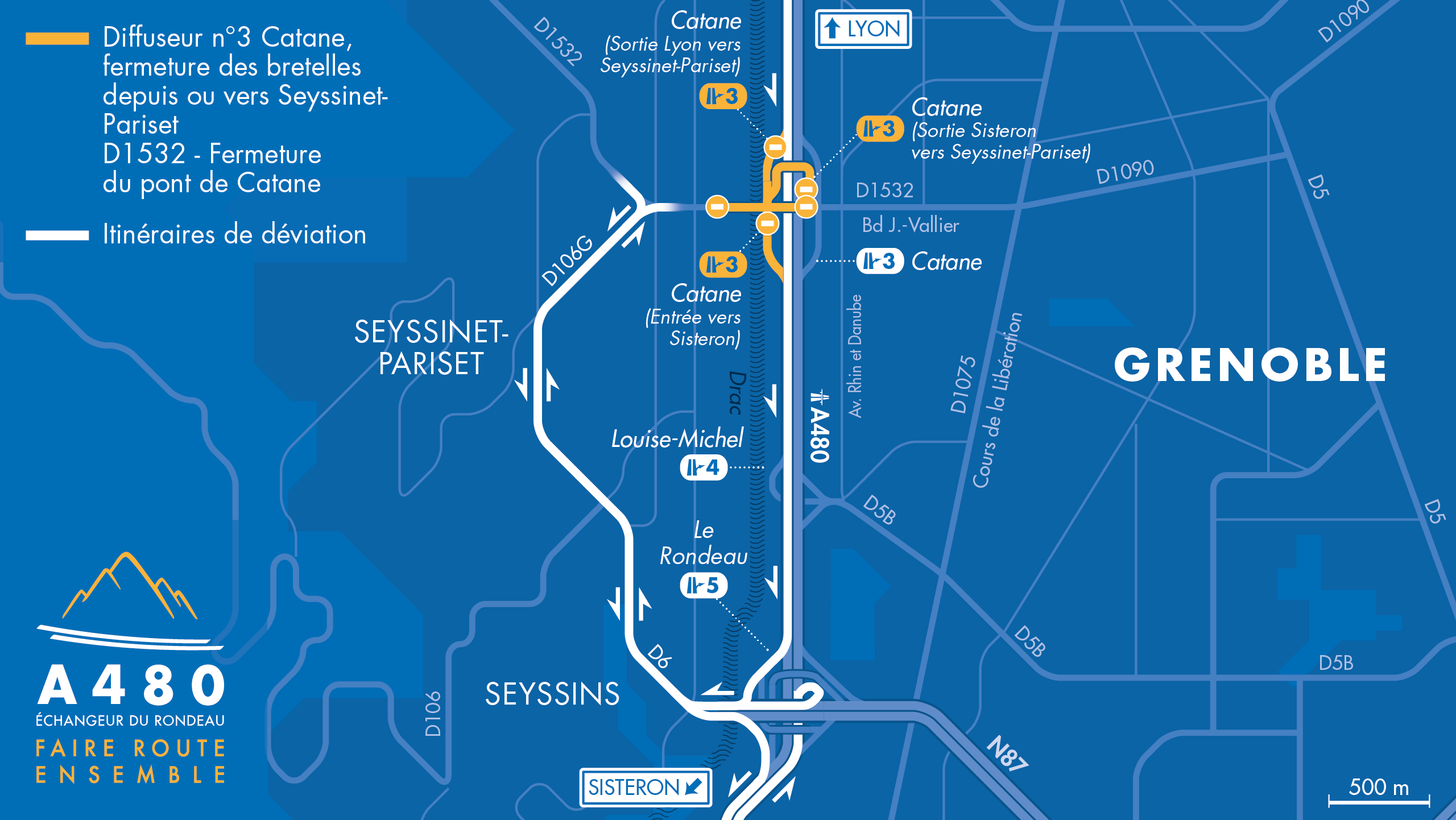 carte des déviations suite à la fermeture la bretelle d’entrée vers Sisteron en venant de Seyssinet-Pariset.
