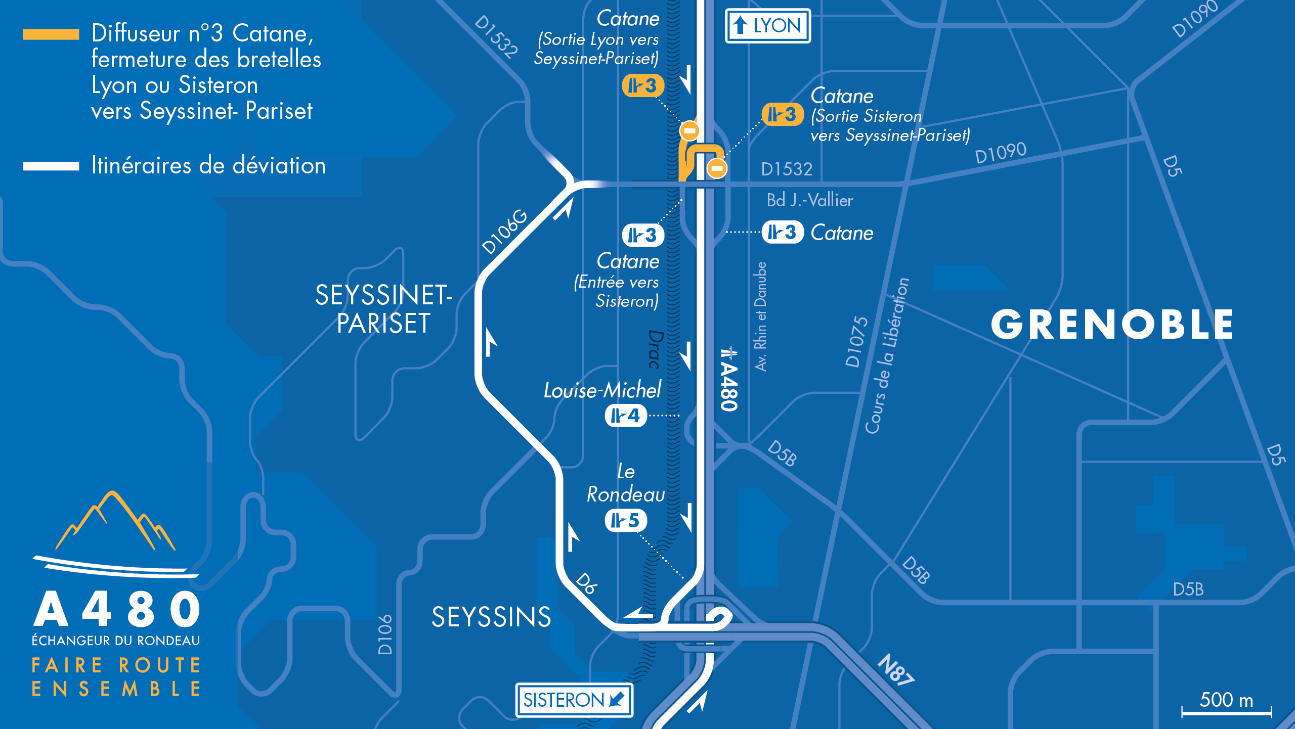 carte des déviations suite à la fermeture des bretelles de sortie vers Seyssinet-Pariset en venant de Lyon et en venant de Sisteron.