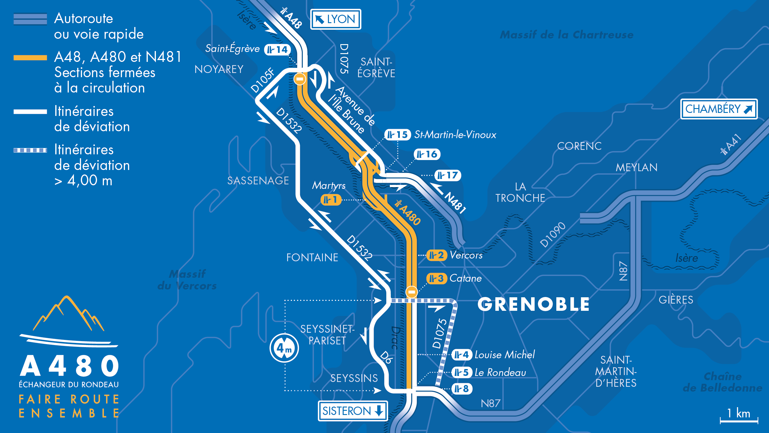 Carte des déviations sur l'autoroute A480 entre Saint-Égrève et Grenoble, secteur Le Rondeau
