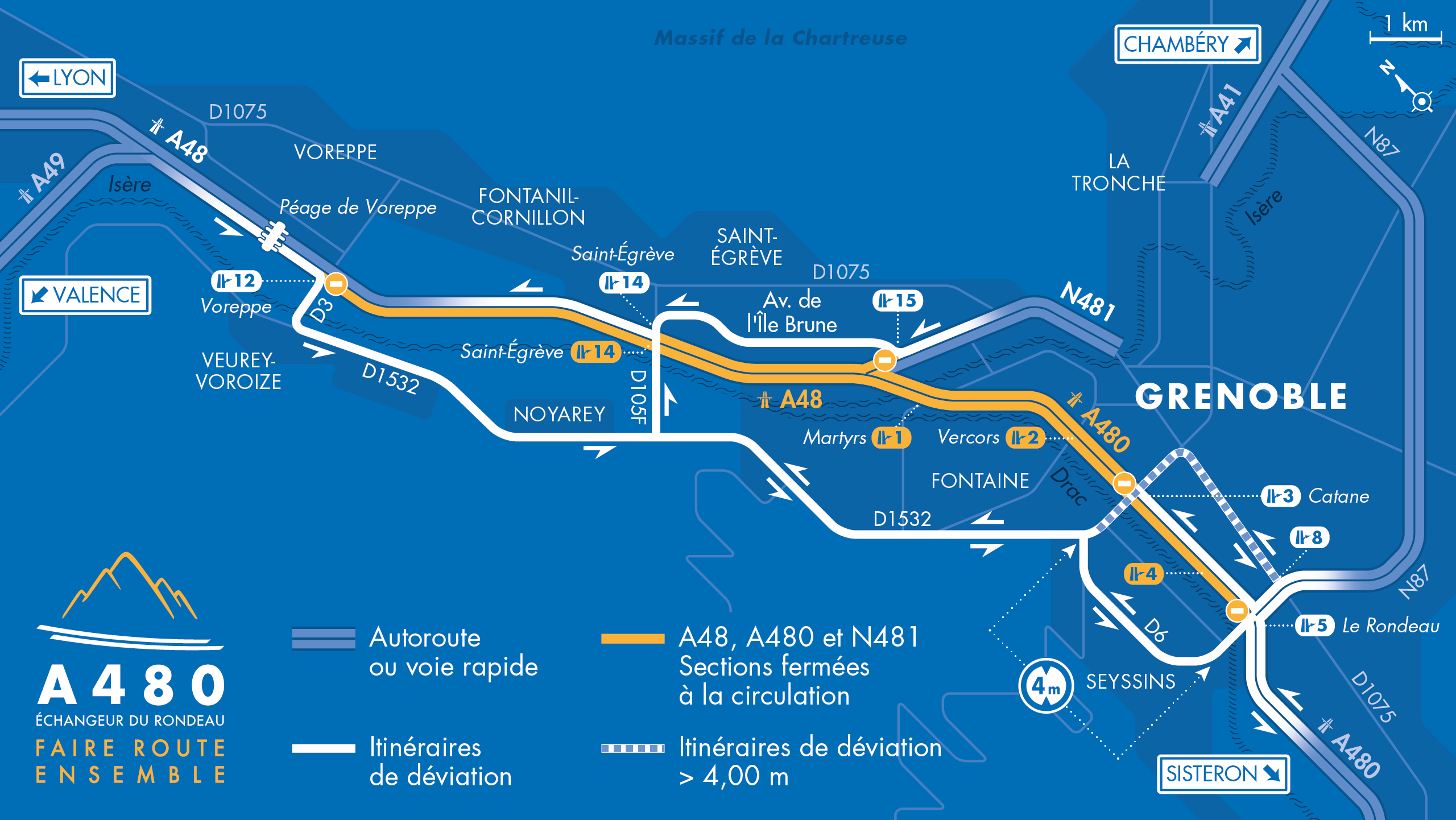 Carte des déviations sur l'autoroute A480 entre Voreppe et Grenoble, secteur Le Rondeau