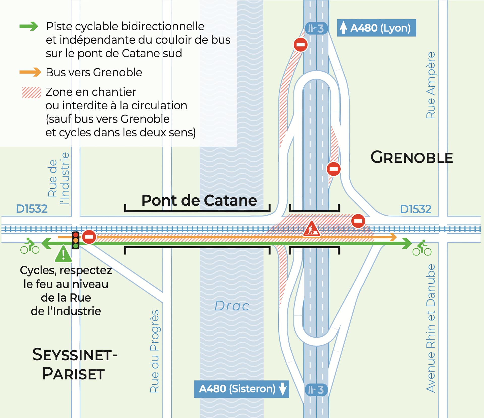 Plan de circulation à vélo sur le pont de Catane à Grenoble