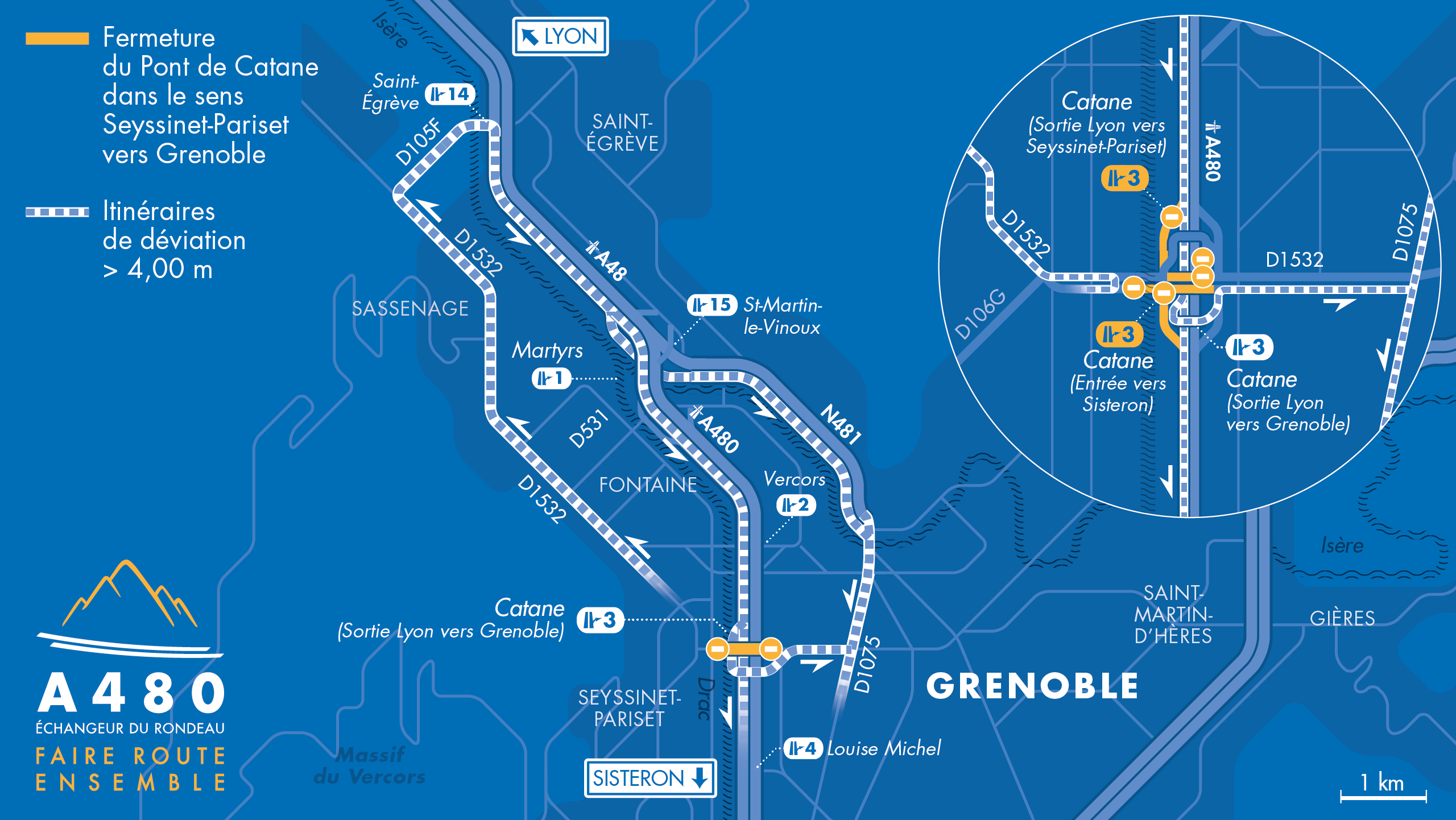 carte des déviations pour les poids lourds de Seyssinet-Pariset vers Grenoble