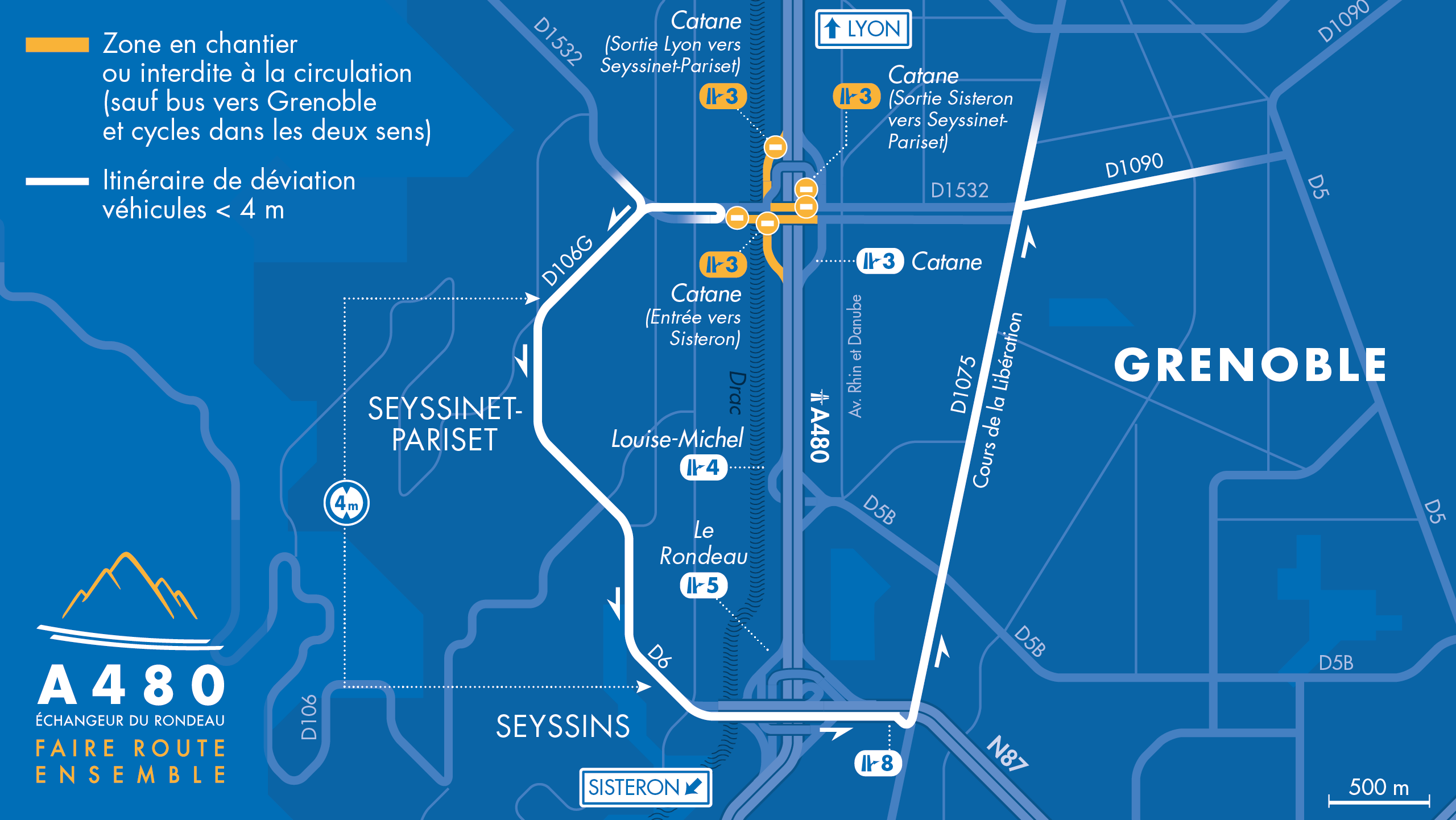 carte des déviations pour les véhicules légers depuis Seyssinet-Pariset vers Grenoble