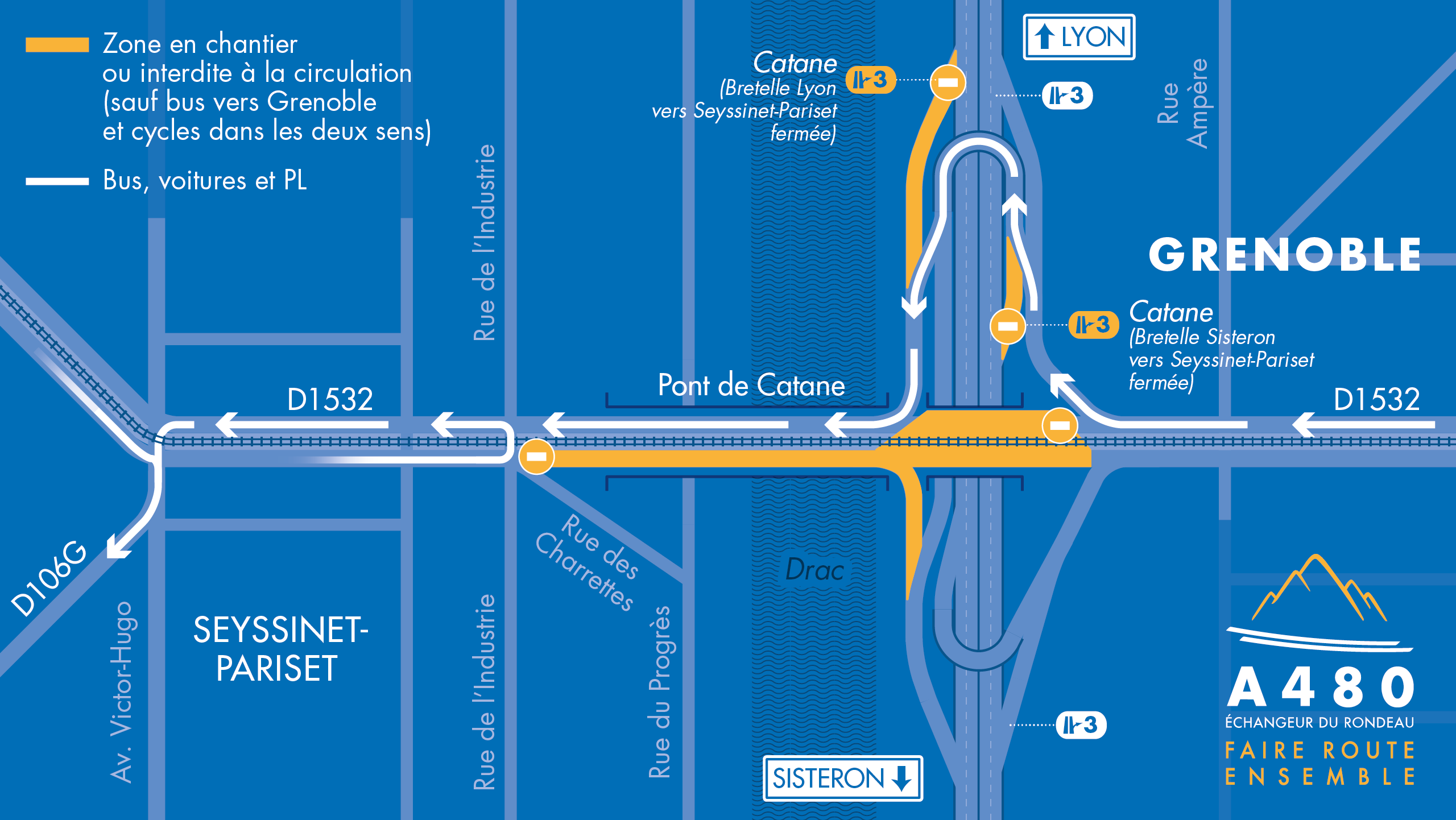 carte des déviations pour les véhicules légers depuis Grenoble vers Seyssinet-Pariset, à partir du 1er septembre