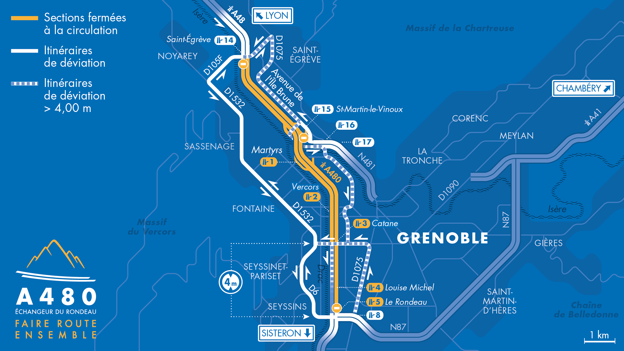 Carte des fermetures pour l’autoroute A480 et l’autoroute A48 les nuits du mardi 1er , du mercredi 2 et du jeudi 3 septembre