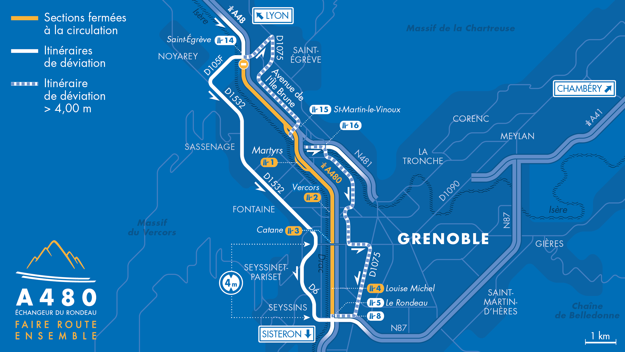 Carte de la fermeture nocturne de l'A480 entre le diffuseur de Saint-Egrève (n°14) et le diffuseur du Rondeau (n°5) le 31 août