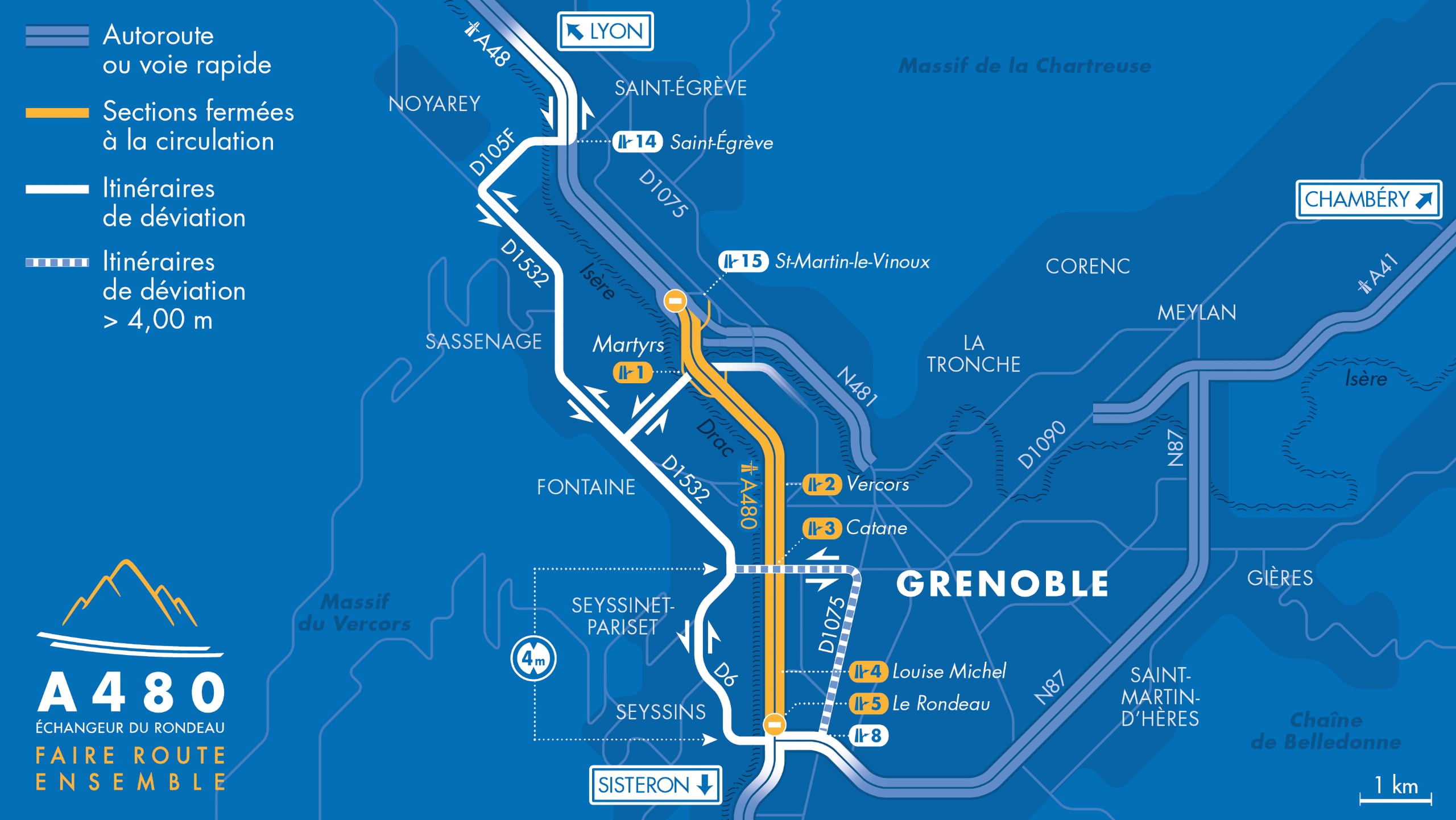 Carte des fermetures de l'autoroute A480 et A48 pour les secteur Catane, Rondeau ainsi que la bifurcation A48/A480/N481 durant le mois de septembre