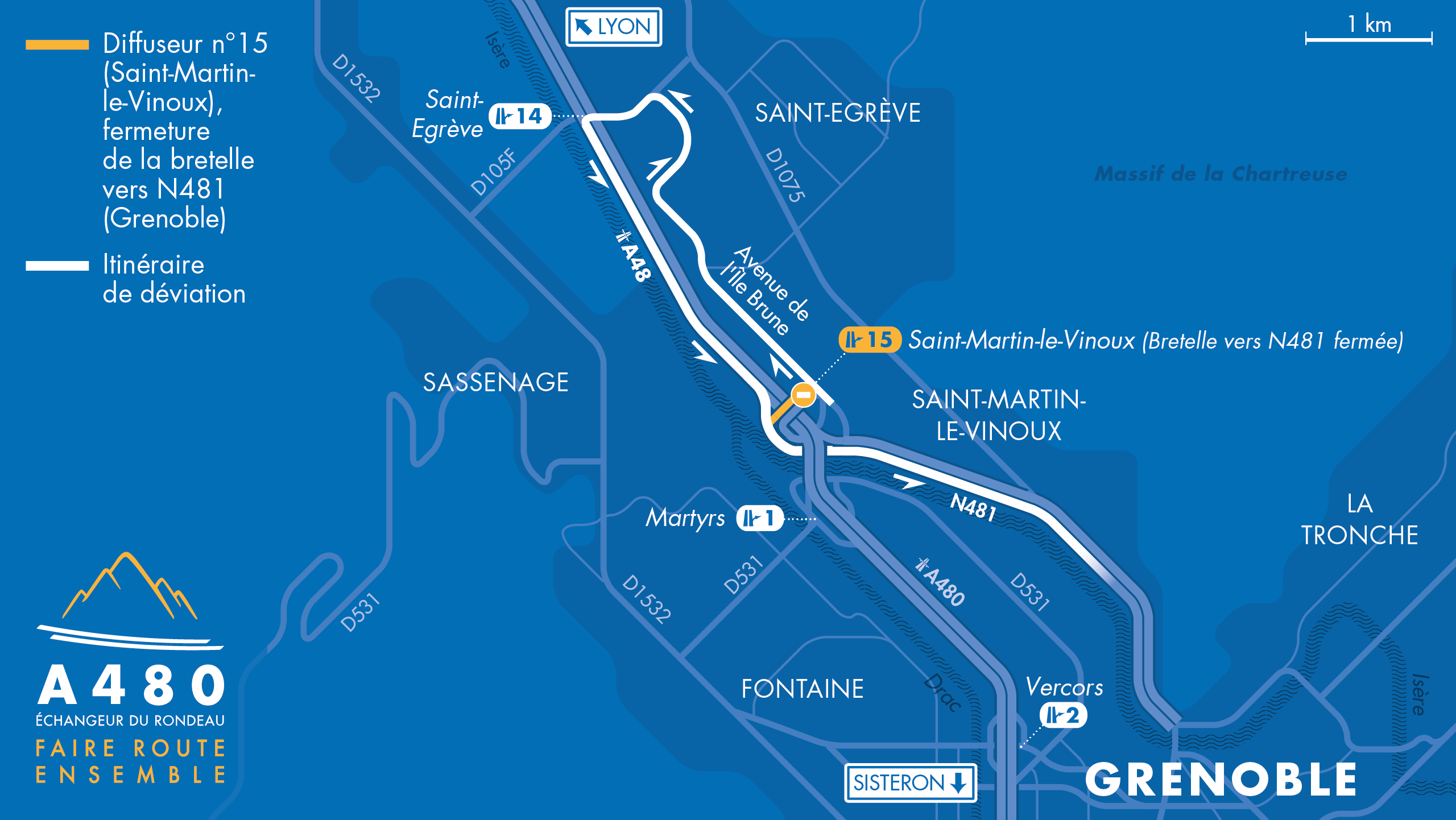 Carte de la déviation depuis Lyon en direction de Grenoble pour la fermeture de la bretelle d’entrée sur la RN481
