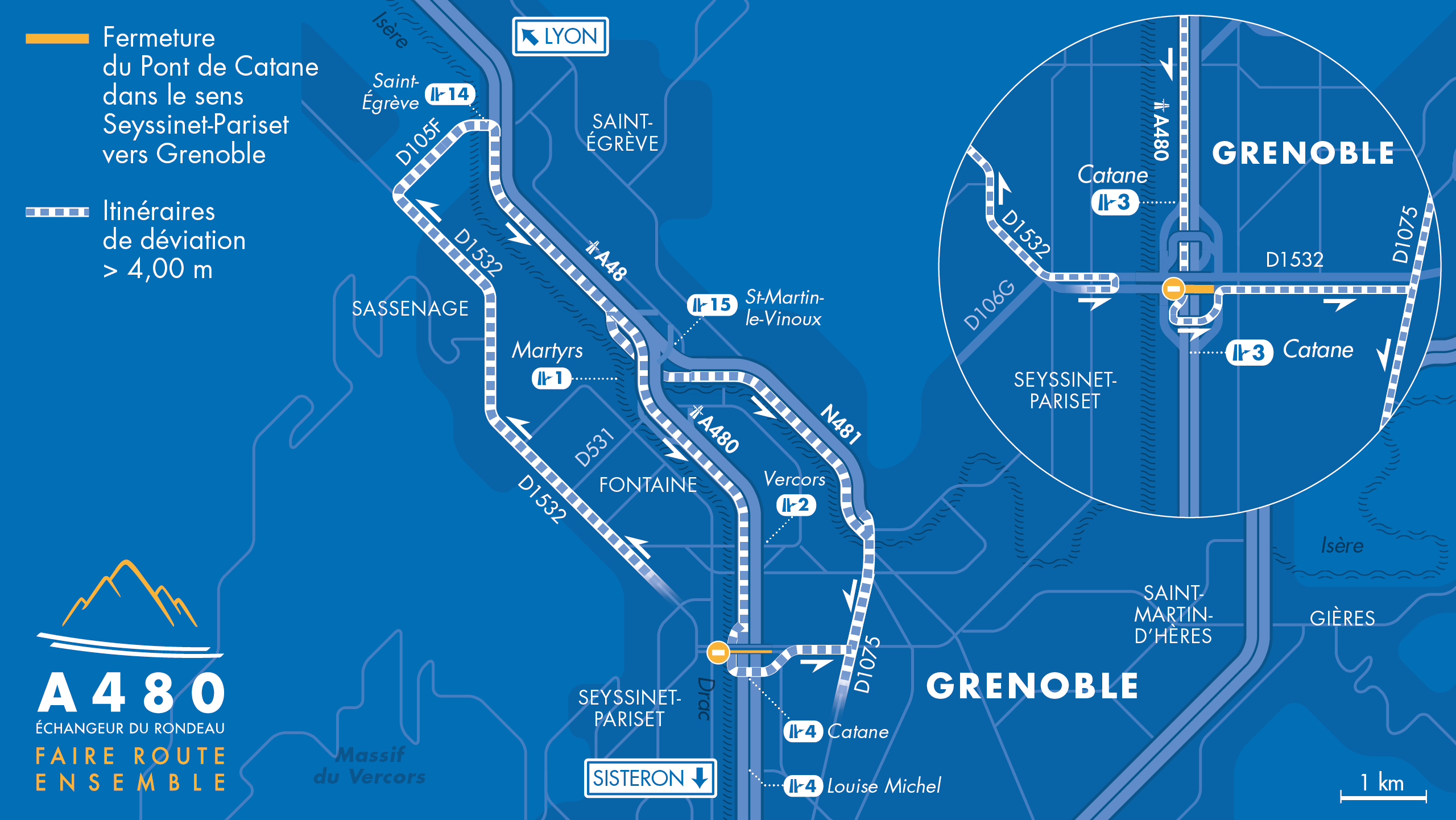 Carte des déviations pour la fermeture du pont de Catane depuis Seyssinet en direction de Grenoble pour les poids lourds