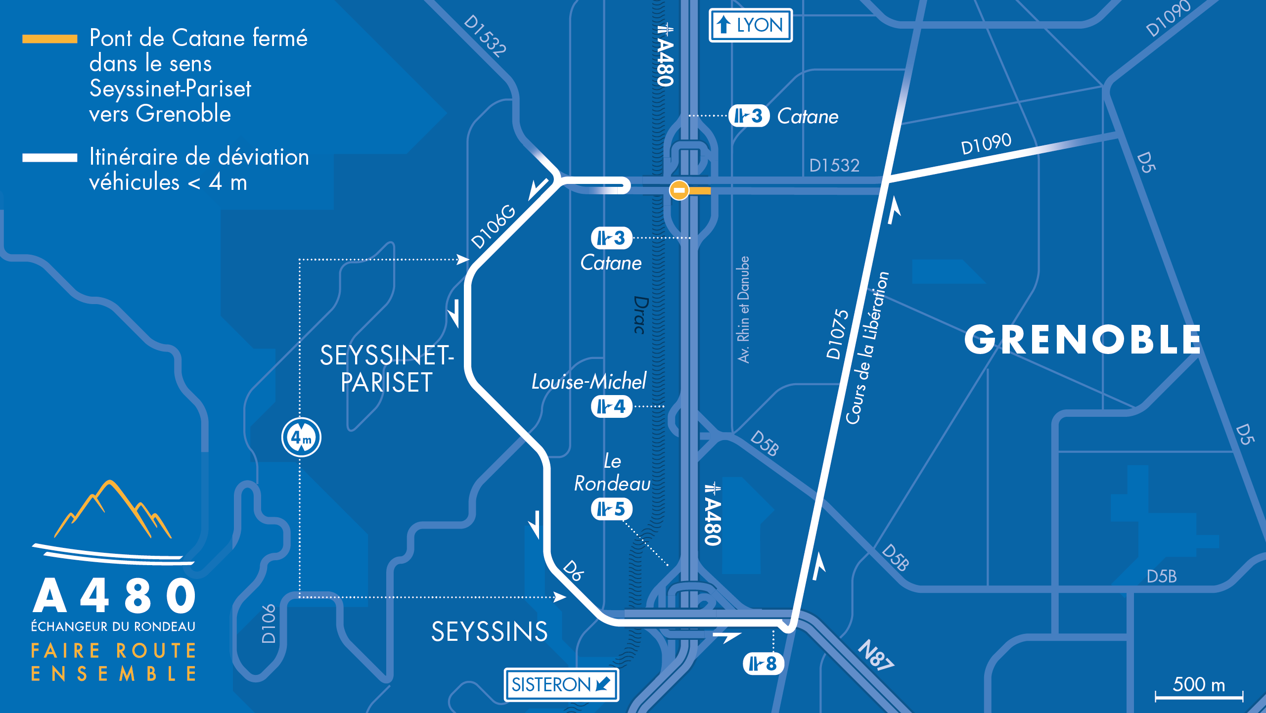 Carte des déviations pour la fermeture du pont de Catane depuis Seyssinet en direction de Grenoble pour les véhicules légers